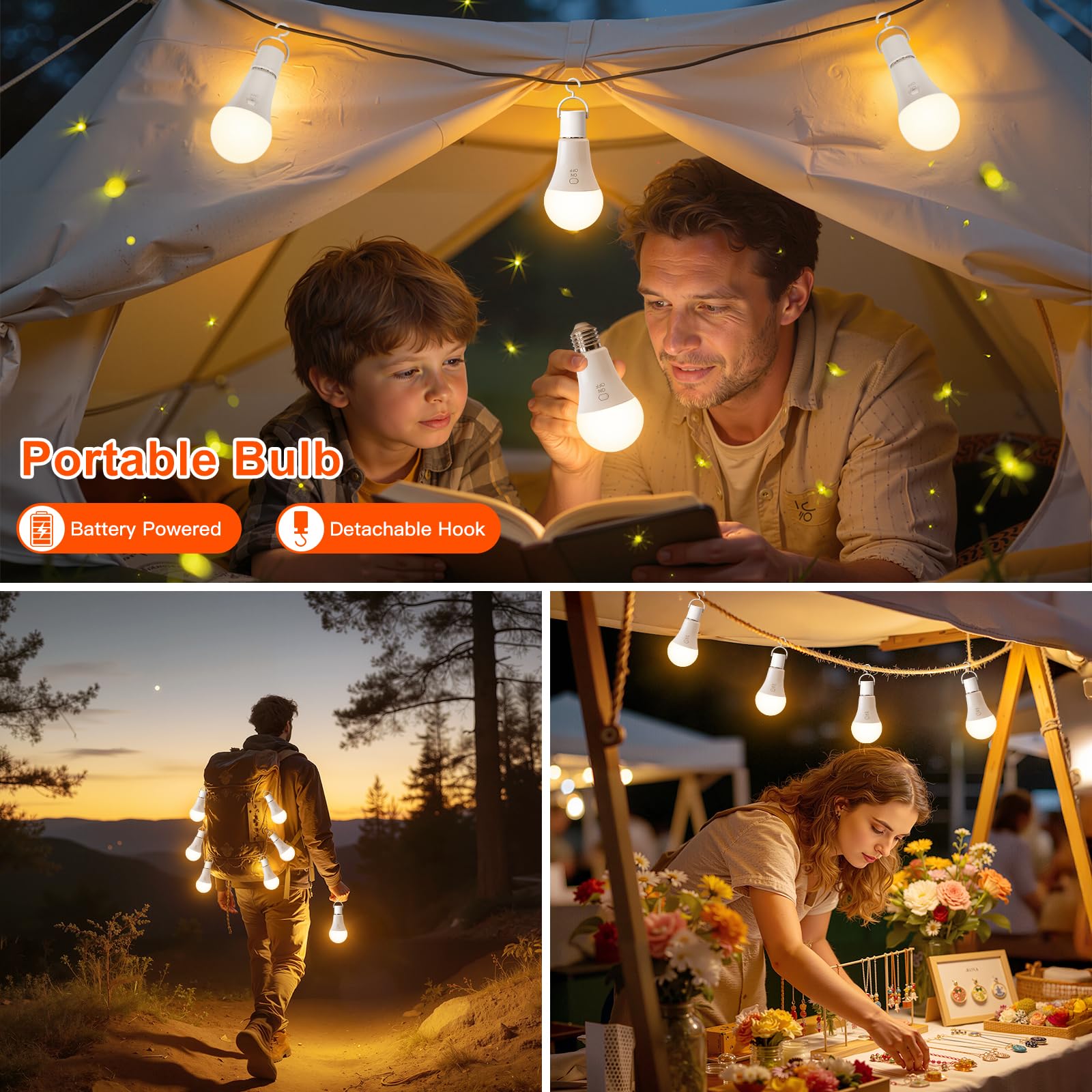 Ketom 4 Piezas Bombilla Recargable E27, Bombilla con Mando Usb, 7 W Bombillas Inalámbricas Recargables, 3 Temperaturas de Color & Regulable, Temporizador, para Acampadas Iluminación de Emergencia