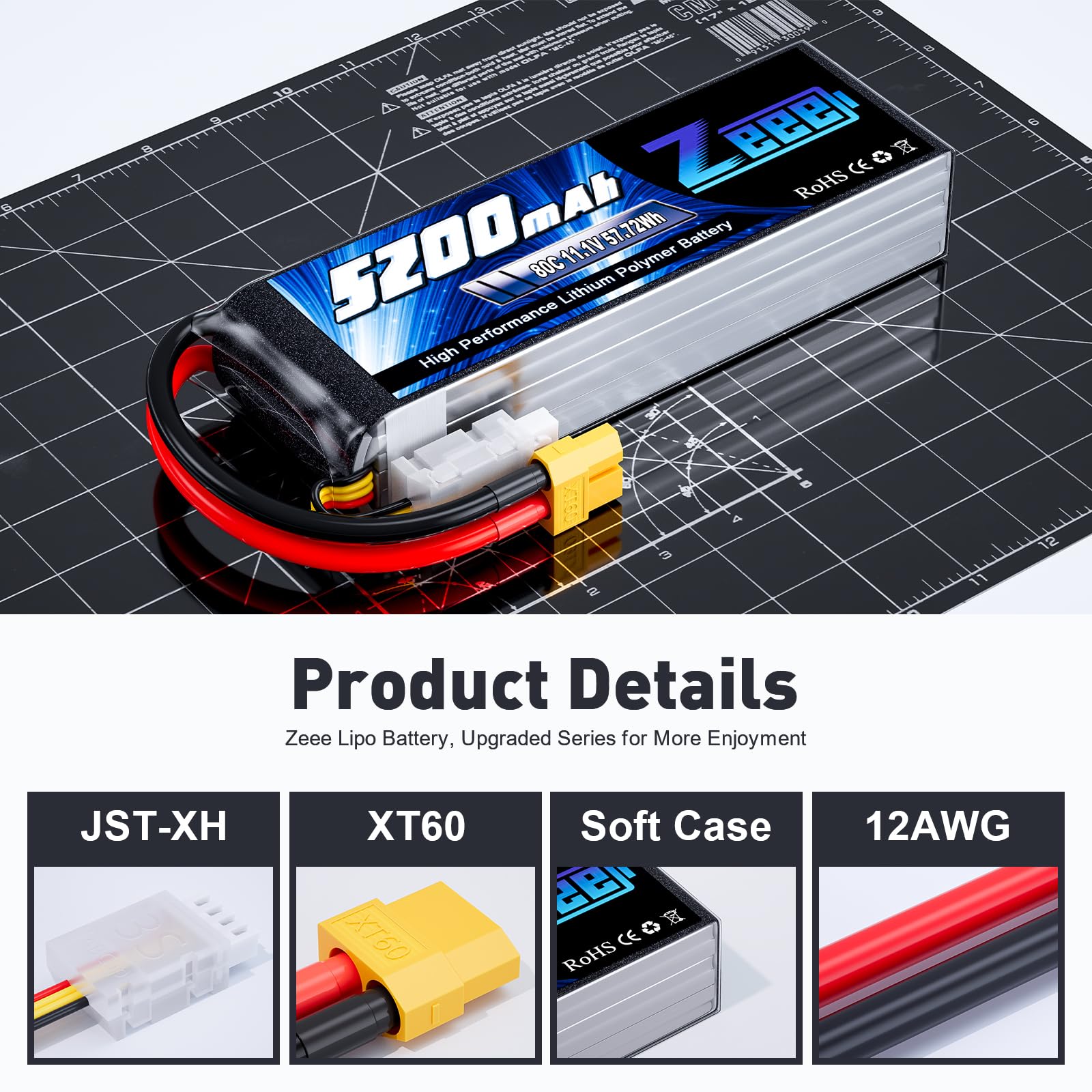Zeee 3S LiPo 5200mAh 11.1V 80C RC Batería con Conector XT60 para RC Coche, RC Avión, RC Helicóptero, RC Hobby