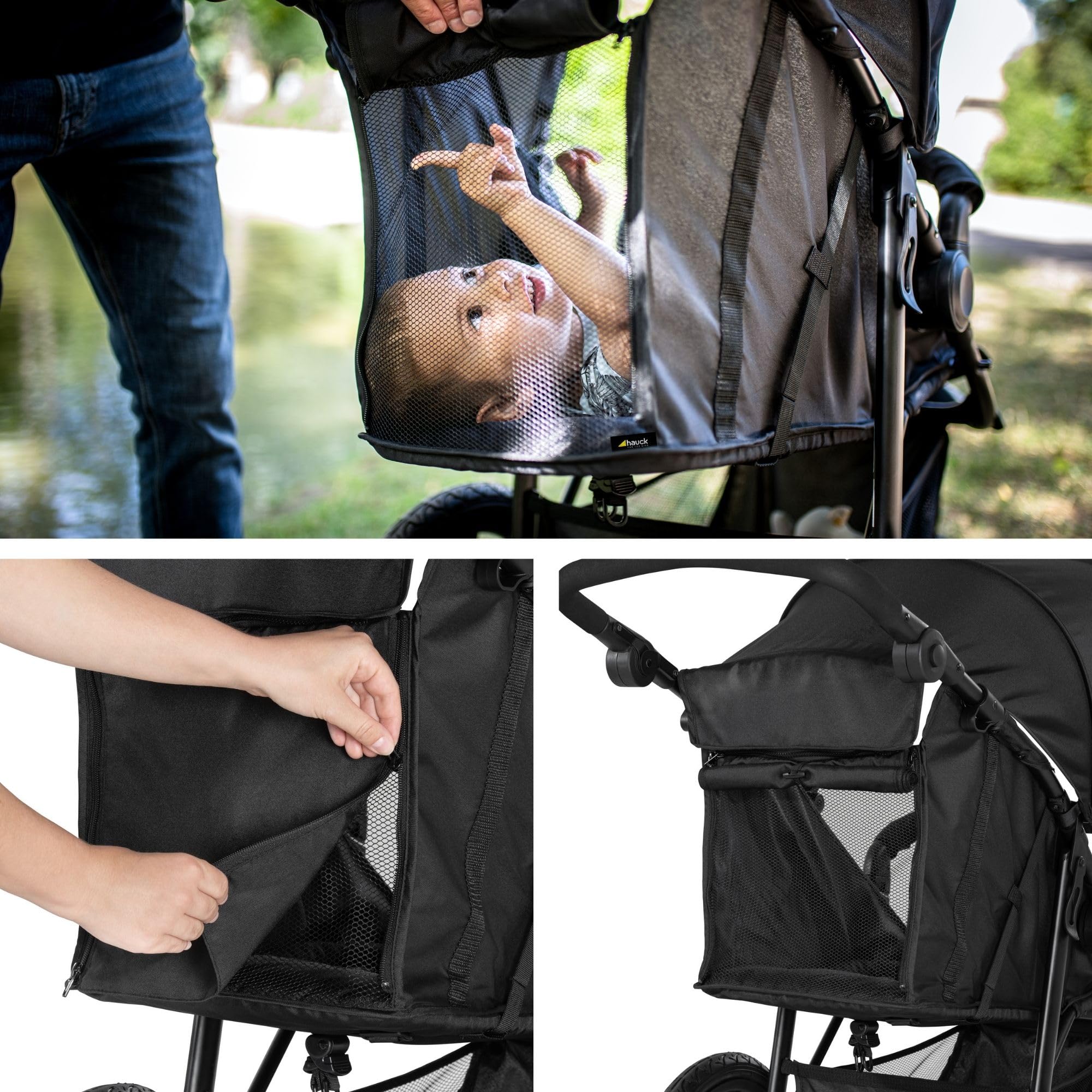 hauck Poussette 3 Roues Runner 2 Tout Terrain avec Grandes Roues Gonflables, Suspension, UV 50+, Position Allongée, Fenêtre XL, Guidon Réglable, Pliable, Jusqu’à 22 kg, Noir