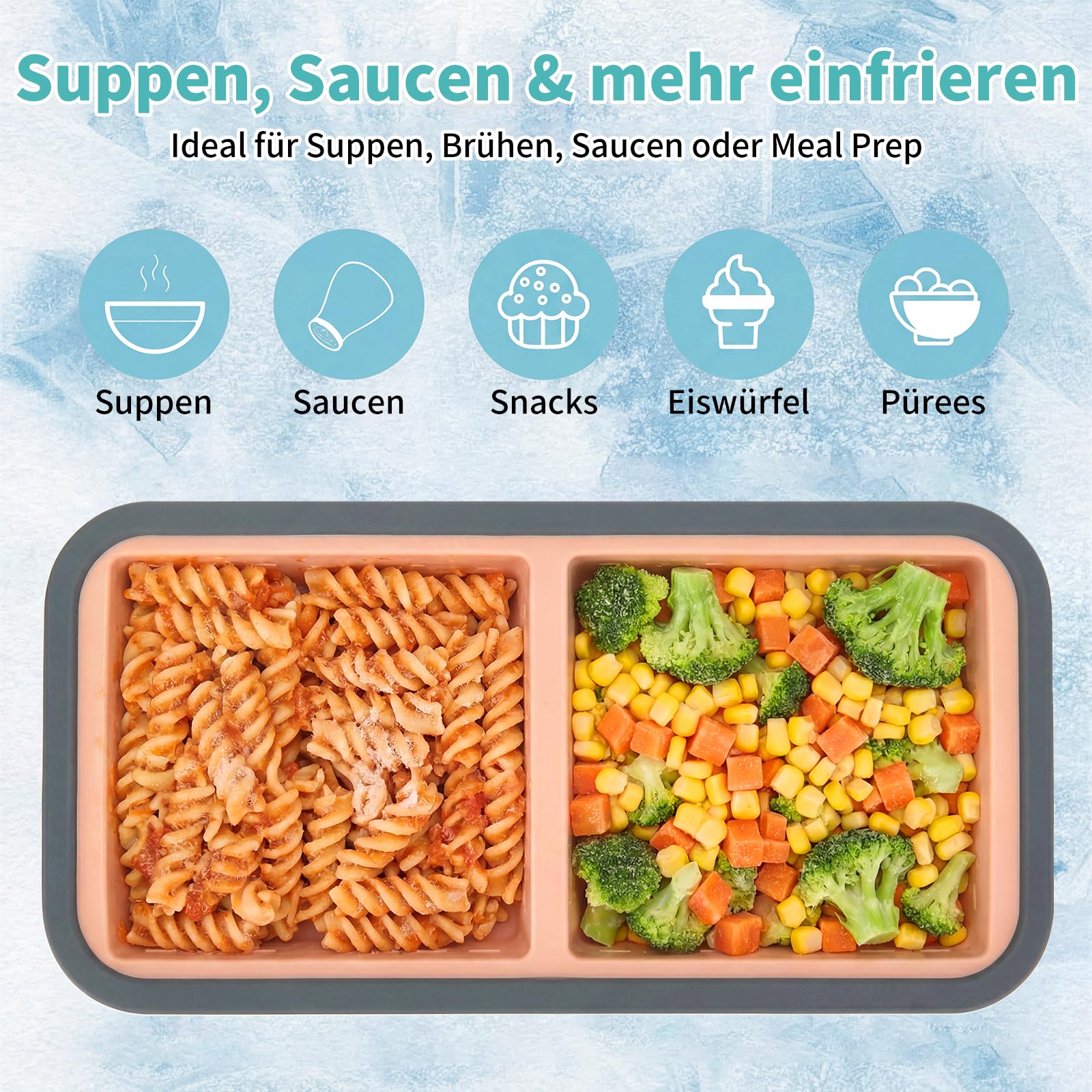 Juego de 3 Moldes de Silicona para Congelación con Tapa – 2 Compartimentos de 500 ml (1000 ml por unidad) – Sin BPA, Apilables, Herméticos, Escala de Medición ml/taza – Para Sopa, Caldo, Salsa