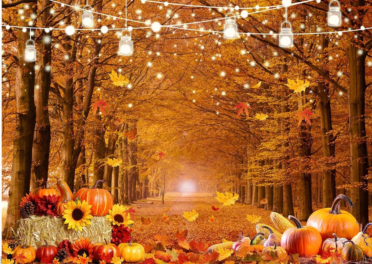 Fall Thanksgiving Pumpkin Backdrop 10x8ft  Autumn Forest Path Background with Hay Bales, Corn, Leaves, and String Lights for Harvest Festival, Family Gathering, or Photo Booth Decor D640