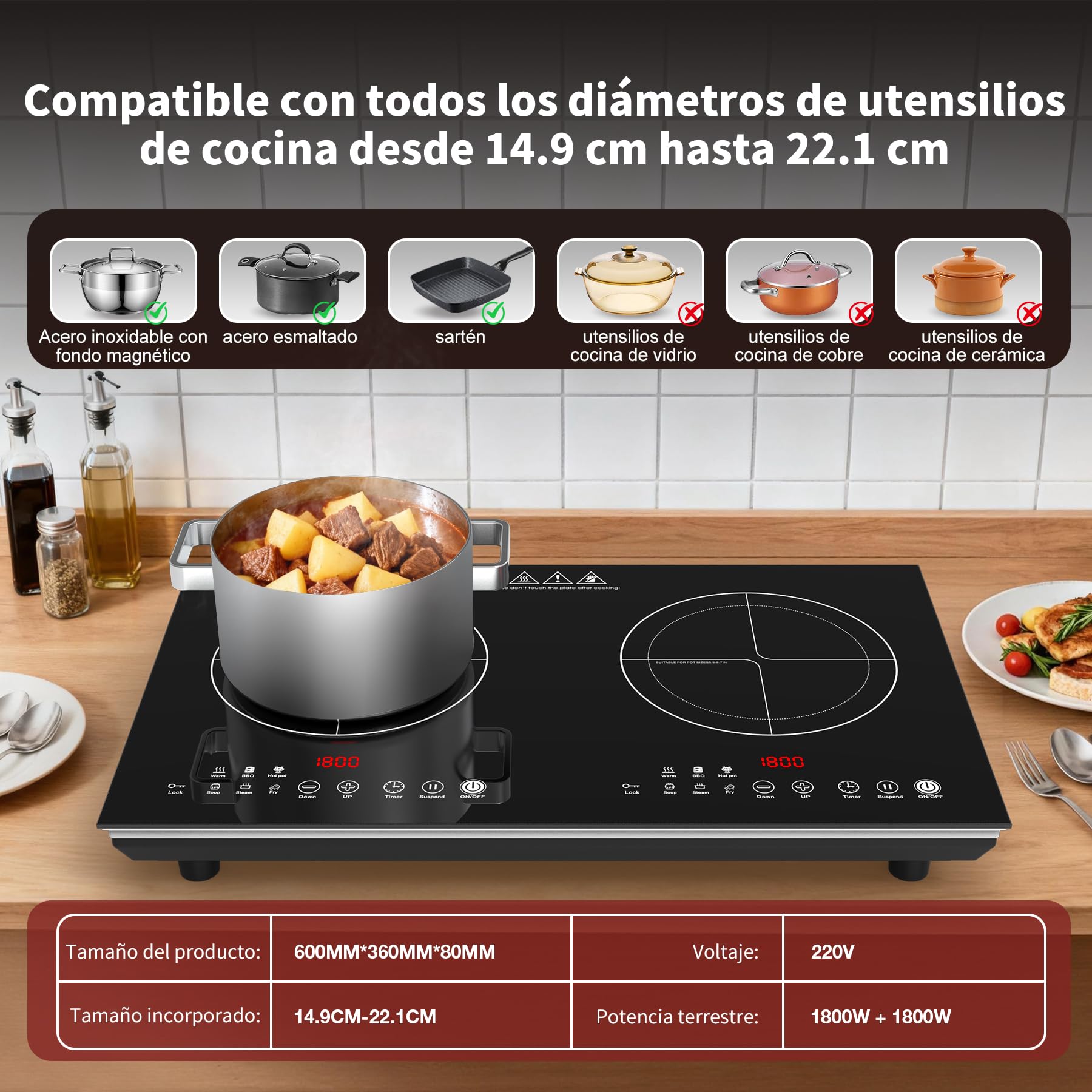 VBGK induccion 2 fuegos，220V 3600W vitro portatil 2 fuegos Con panel de acabado cepillado y control táctil LED, placa de inducción con 9 niveles de potencia, bloqueo de seguridad infantil