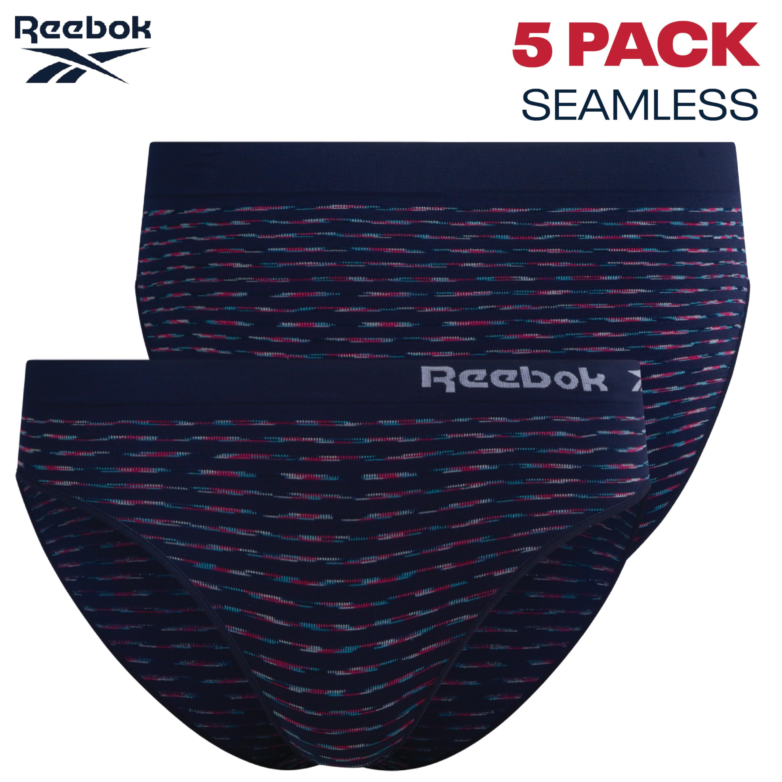 Reebok Bielizna damska - bezszwowe majtki bikini (5 sztuk), Czarny/żywy róż/skóra rekina/miękki różowy/niebieski pasek Spacedye, S