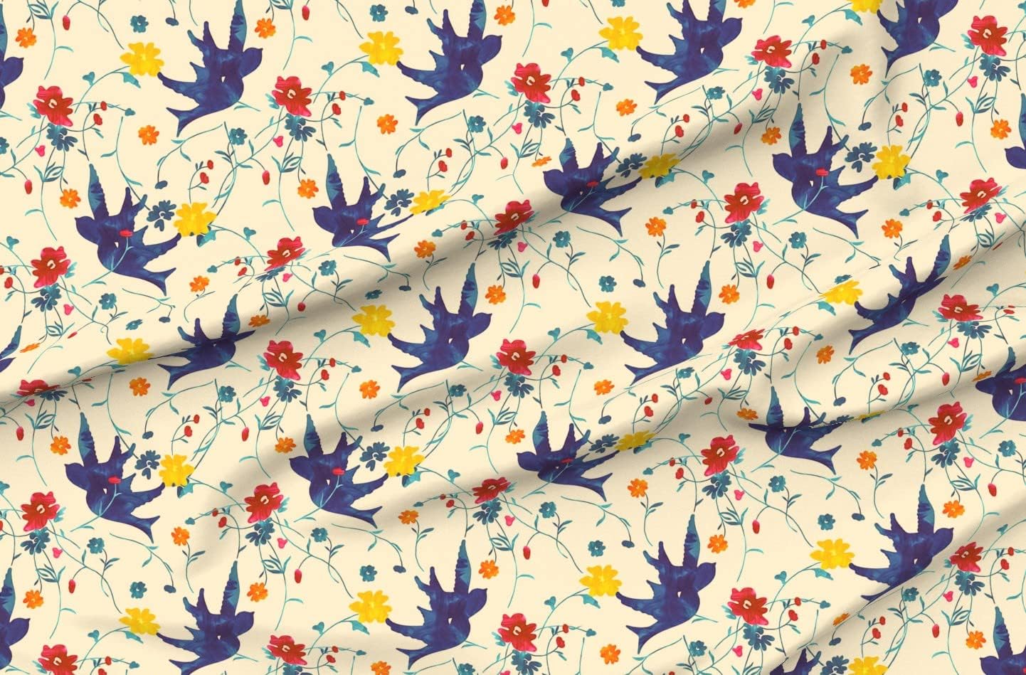 Spoonflower Fabric - Spring Blue Yellow Flowers Red barn Swallow Springtime Printed on Petal Signature Cotton Fabric Fat Quarter - Sewing Quilting Apparel Crafts Decor