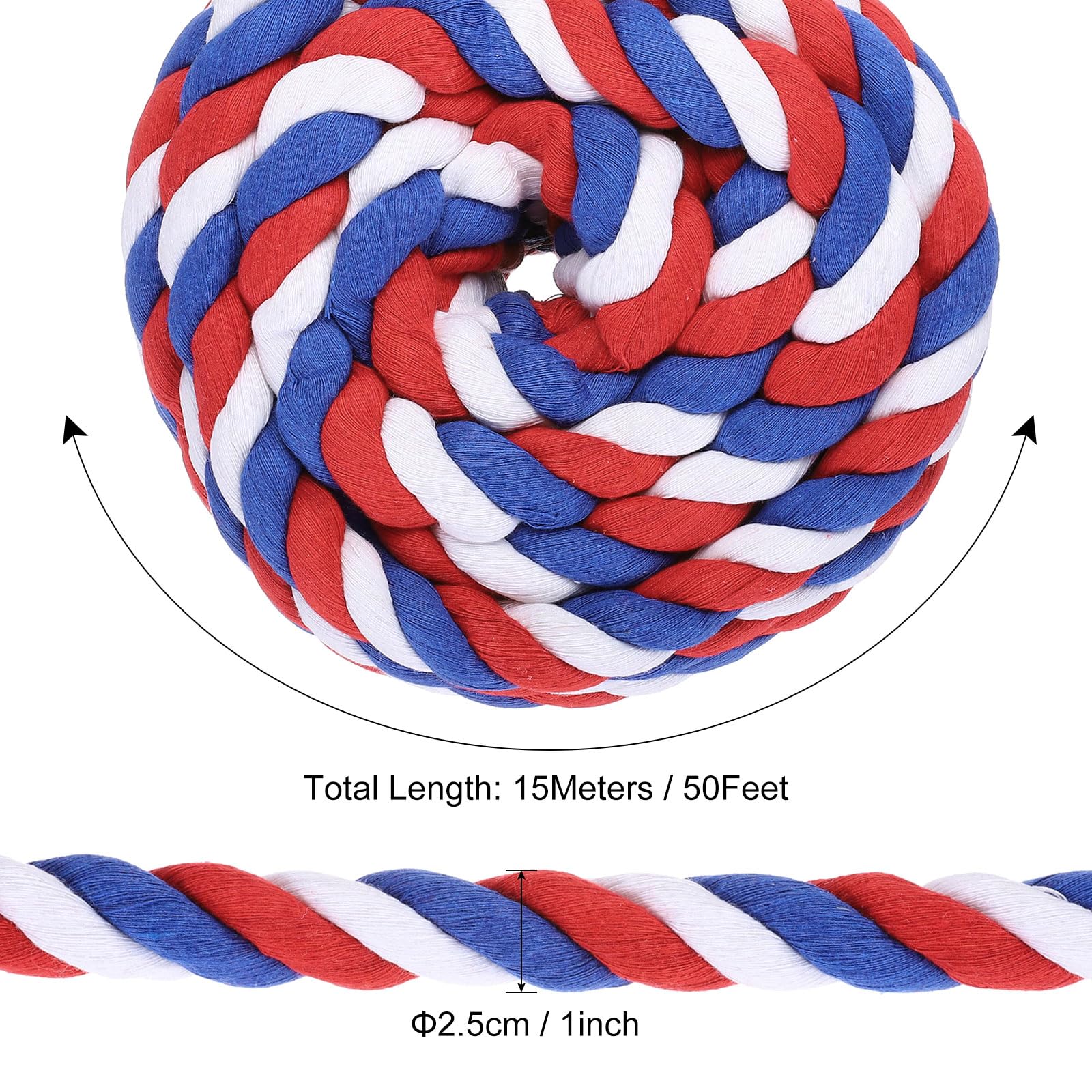 PATIKIL 1 Inch x 50 Feet Natural Twisted Cotton Rope 3 Strand Strong Thick Cotton Rope Tug of War Rope for Railings Crafts Games Home Decor Red Blue White - Image 2