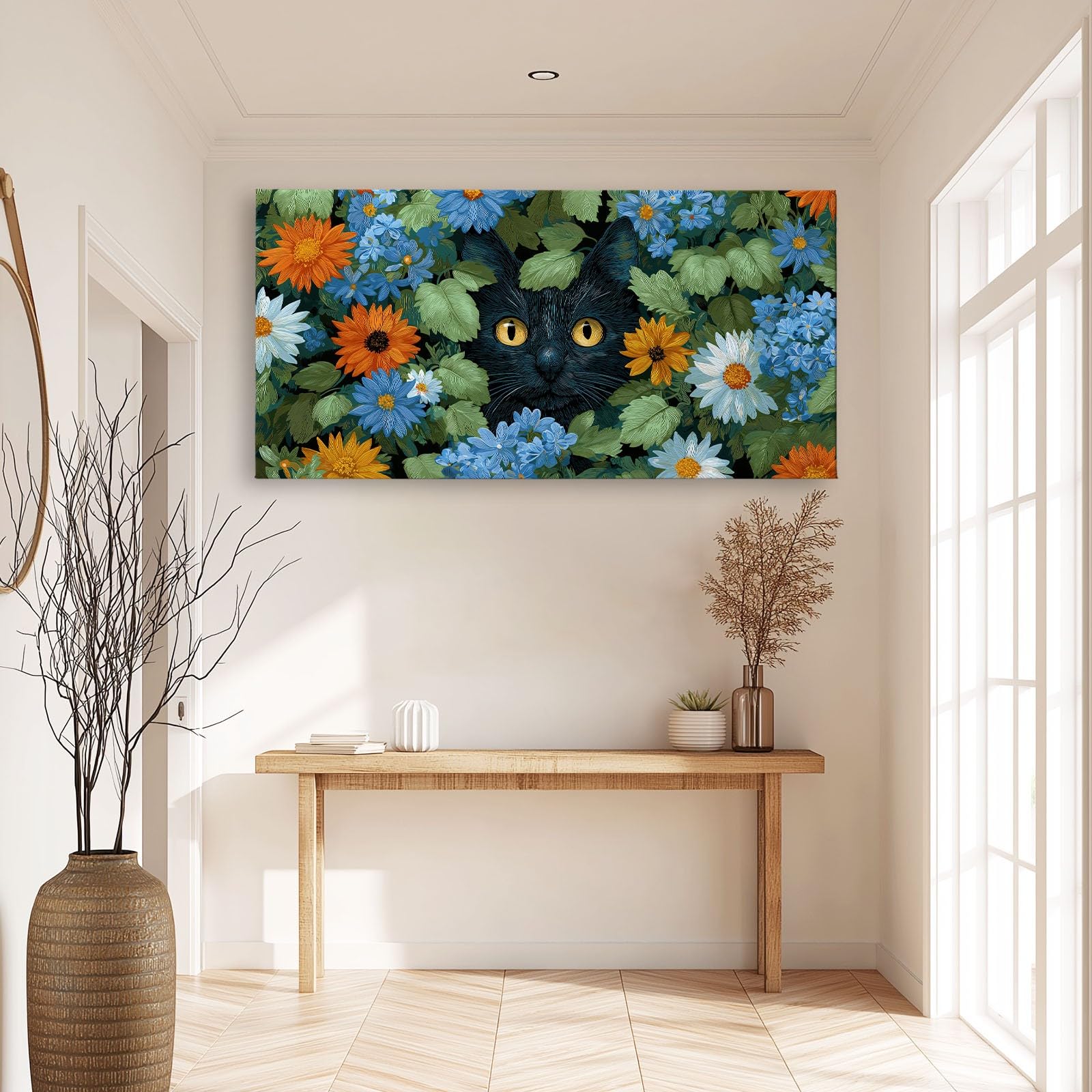 Dunkelgrün Ländlicher Tier Katze Sonnenblume Modernes Leinwandbild 90L x 60B cm mit Rahmen, Rustikal XXL Wanddeko für Wohnzimmer Geschenk Idee Einzug - Hochwertiger Kunstdruck auf Holzrahmen