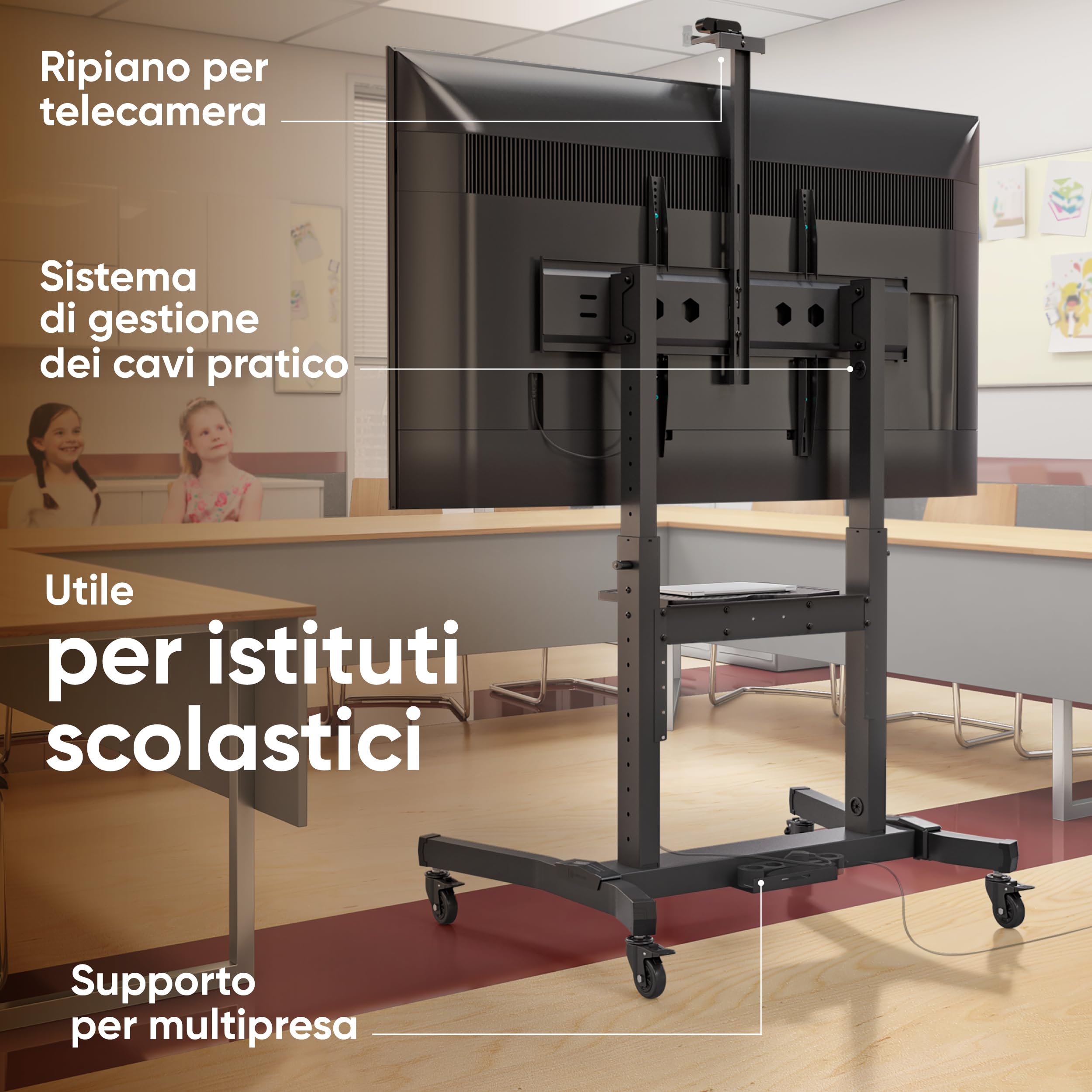 ONKRON Carrello Porta TV con Ruote 50-100 pollici, Carico Totale 130 kg, VESA 200x200-1000x600, Supporto TV da Pavimento Regolabile in Altezza e Inclinabile, Porta Televisore Mobile, Nero TS1991-B
