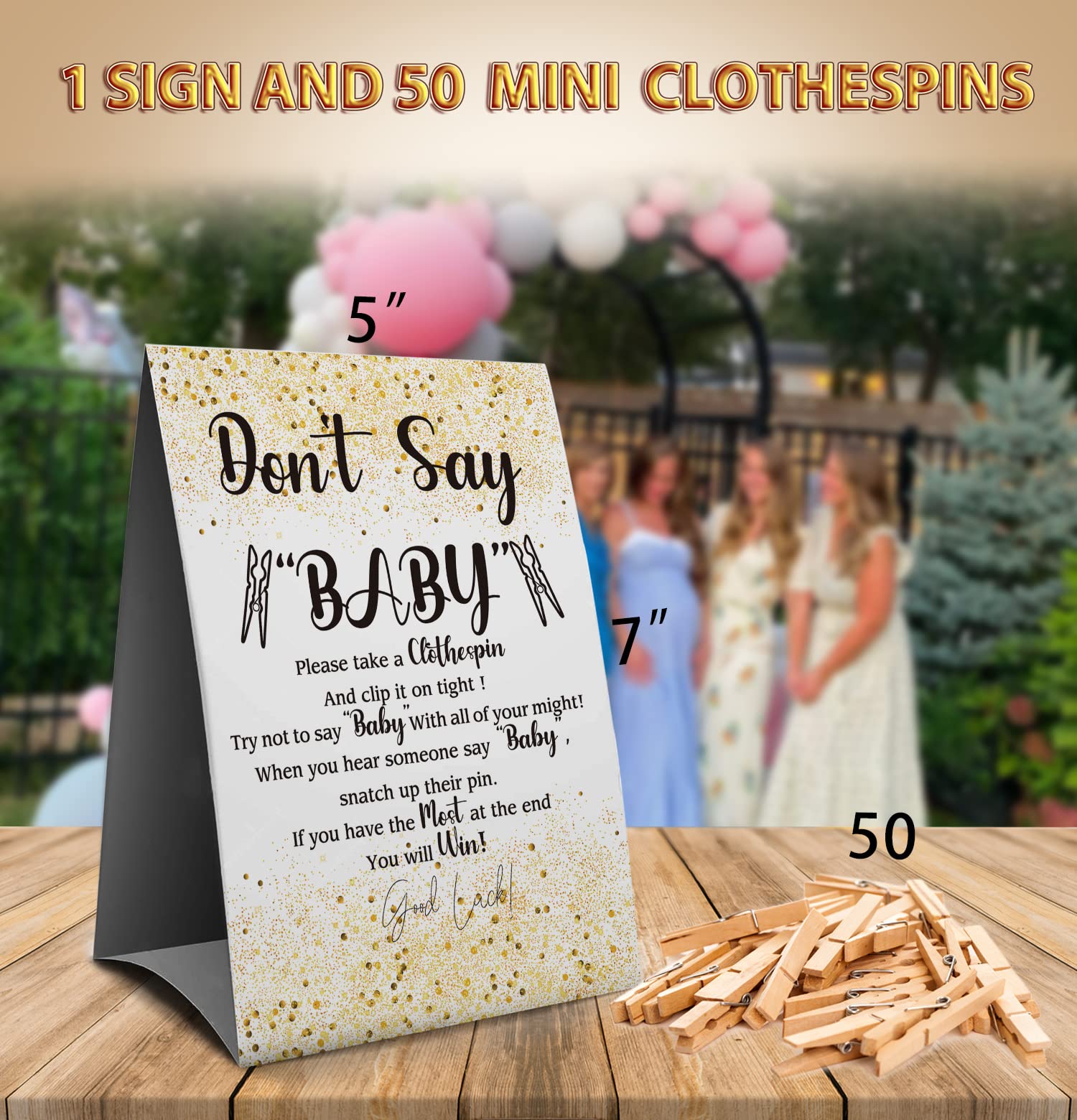 Don't Say Baby Clothespin Games Sign(1 Sign + 50 Mini Clothespins), Baby Shower Games, Golden Leaf,Gender Neutral Baby Shower (2D)