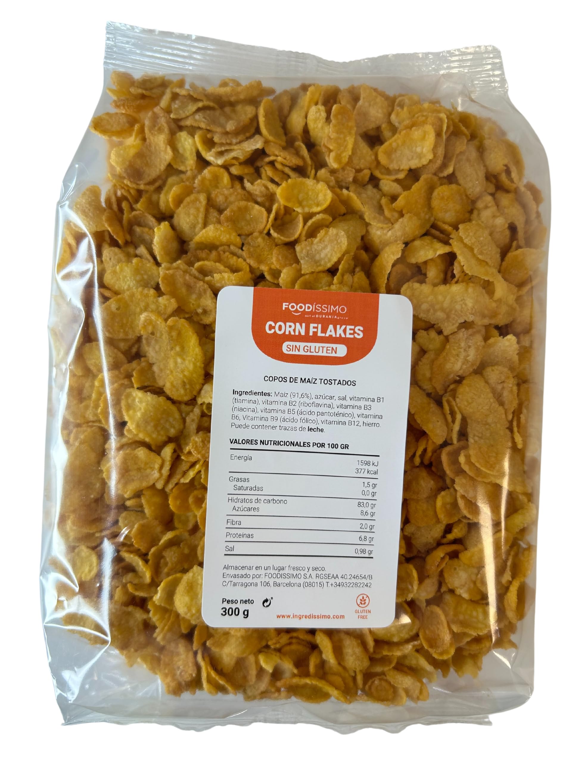 Cereales Maíz Corn Flakes Sin Gluten, Bolsa 300 Gr, Con Vitaminas y Hierro, Crujientes y Nutritivos, Apto Para Veganos, Bajo en Grasa, Ideales Desayuno o Merienda - Ingredissimo