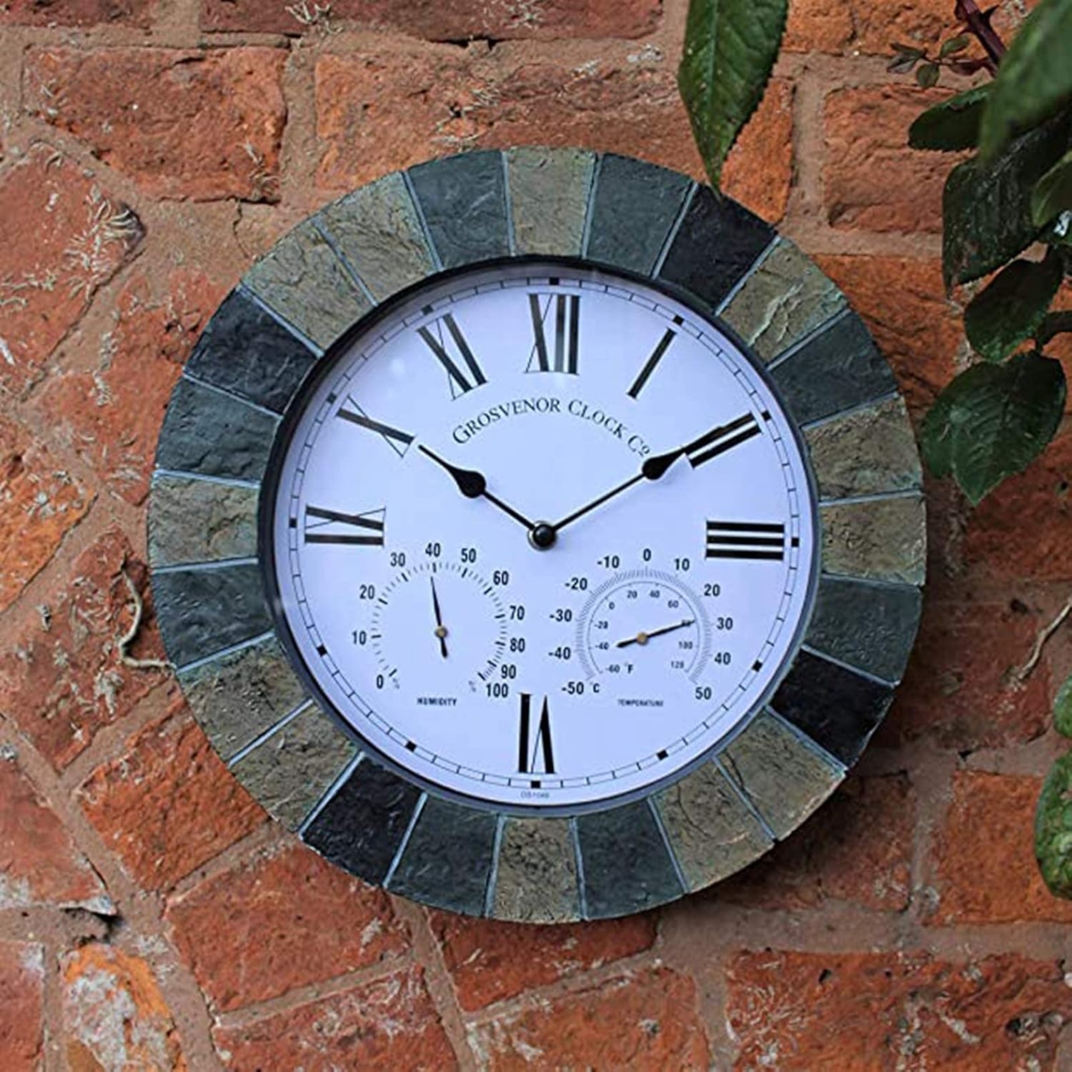 Outdoor Garden Wall Clock, 14 Inch Large Retro Resin Garden Clock with Thermometer and Hygrometer Waterproof Outdoor Clock Indoor Outdoor Decoration Mute Quartz Outside Clock Earth