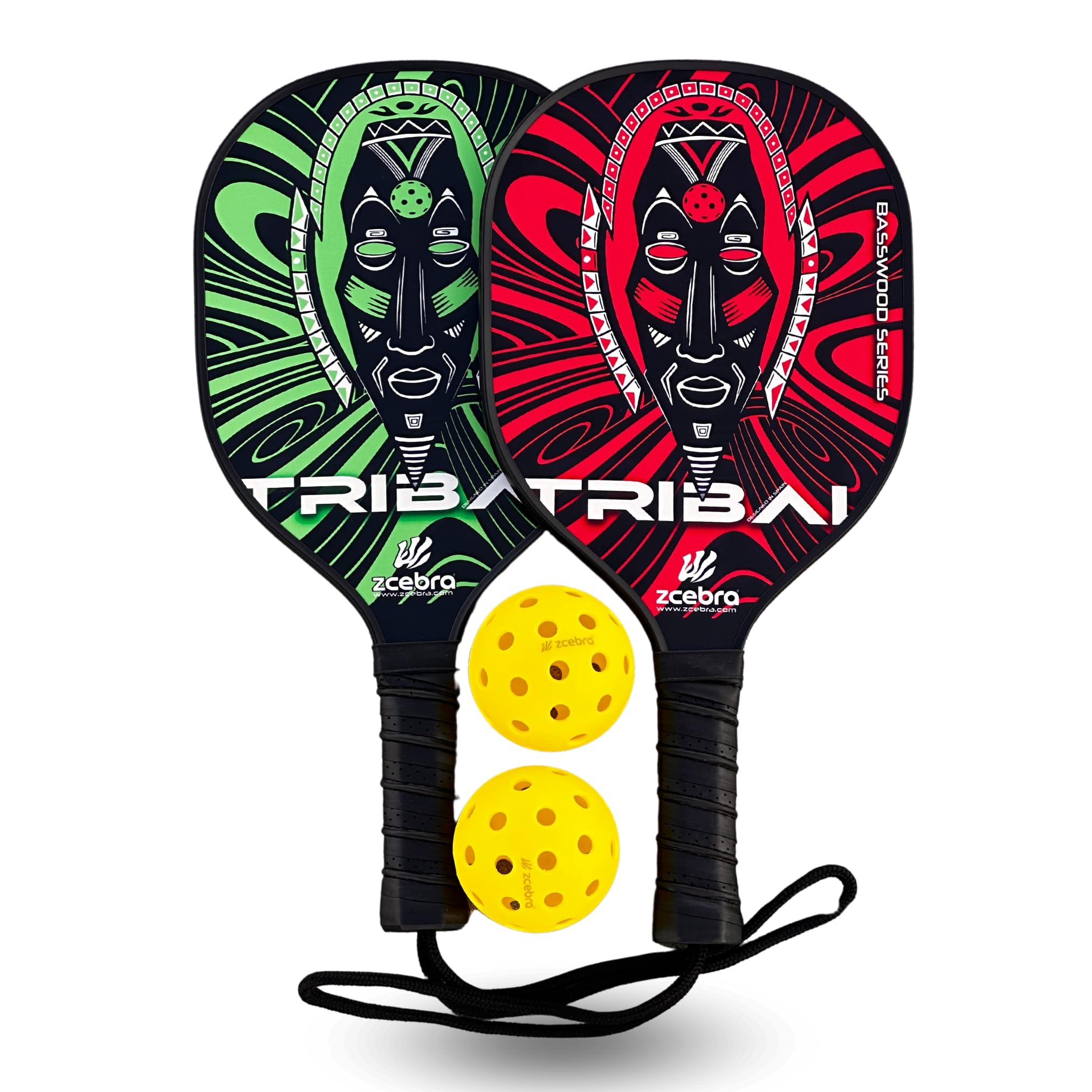 ZCEBRA Palas de Pickleball Tribal – Pickleball Set 2 Palas de Madera de Tilo Americano 2 Bolas de Exterior Madera de 7 Capas Resistencia – Juego de Palas y Bolas de Pickleball