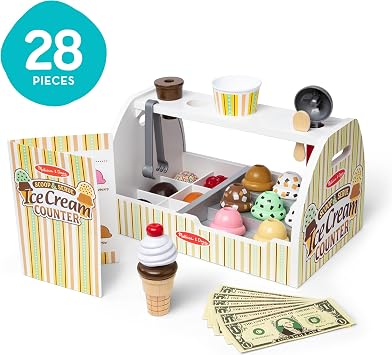 Melissa & Doug Wooden Scoop & Serve Ice Cream Counter, Pretend Play Store, 28 Toy Food & Play Kitchen Accessories, Preschool Toys for Girls & Boys 3+