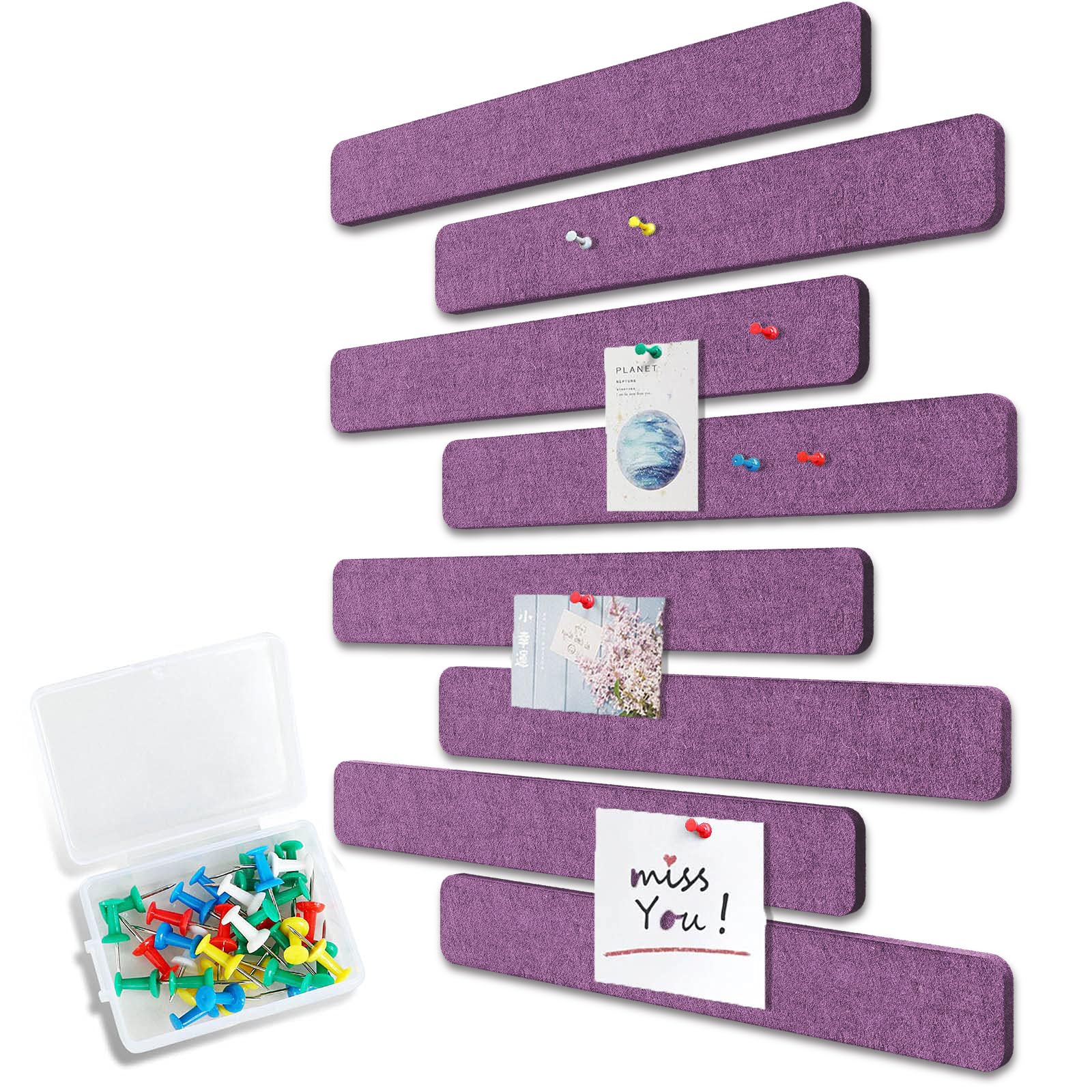 Uoisaiko Felt Pin Board Bar 33cm x 5cm, Pack of 8 Bulletin Board Strips with 40 Push Pins, Home Office Memo Notice Boards Felt Wall Tiles (Purple, Small) — image 1