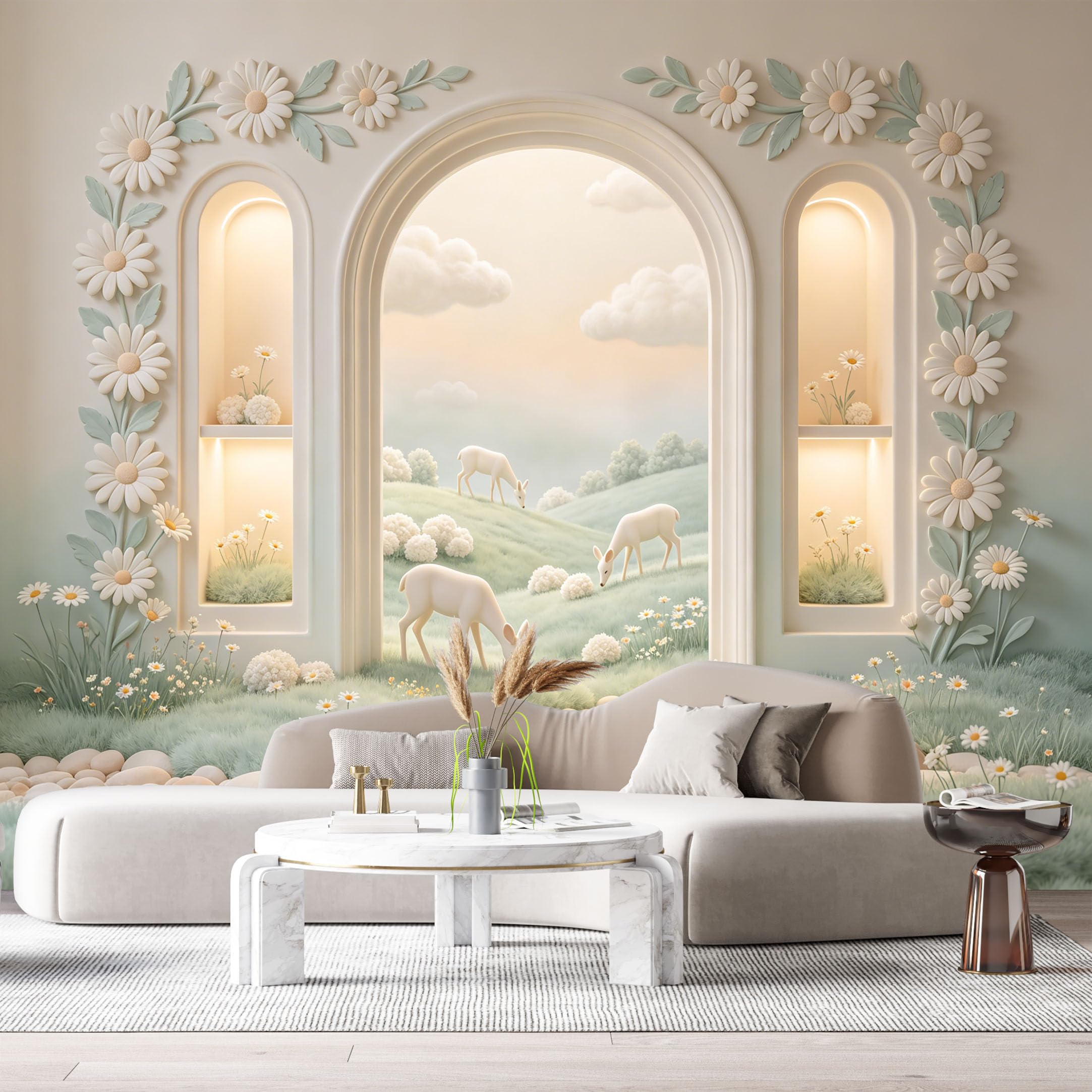 Custom Size Wall Murals Archway Meadow Deer Floral Landscape 3D Trompe L'Oeil SelfAdhesiveWall Fabric Removable Wallpaper Wall Decor for Living Room Bedroom Bathroom