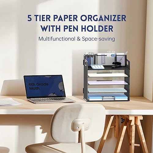 Miniatura 2 de SUPEASY Organizador de escritorio de 5 niveles con asa y 3 soportes para bolígrafos, organizador de papel de mallaarchivos para escritorio,