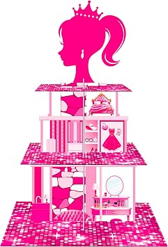 C L cooper life 3 Tier Pink Glam Dollhouse Cupcake Stand | Bright Pink Sequins Castle House Cardboard Dessert Display for Princess Theme Girl Birthday Baby Shower Tea Party Table Decorations
