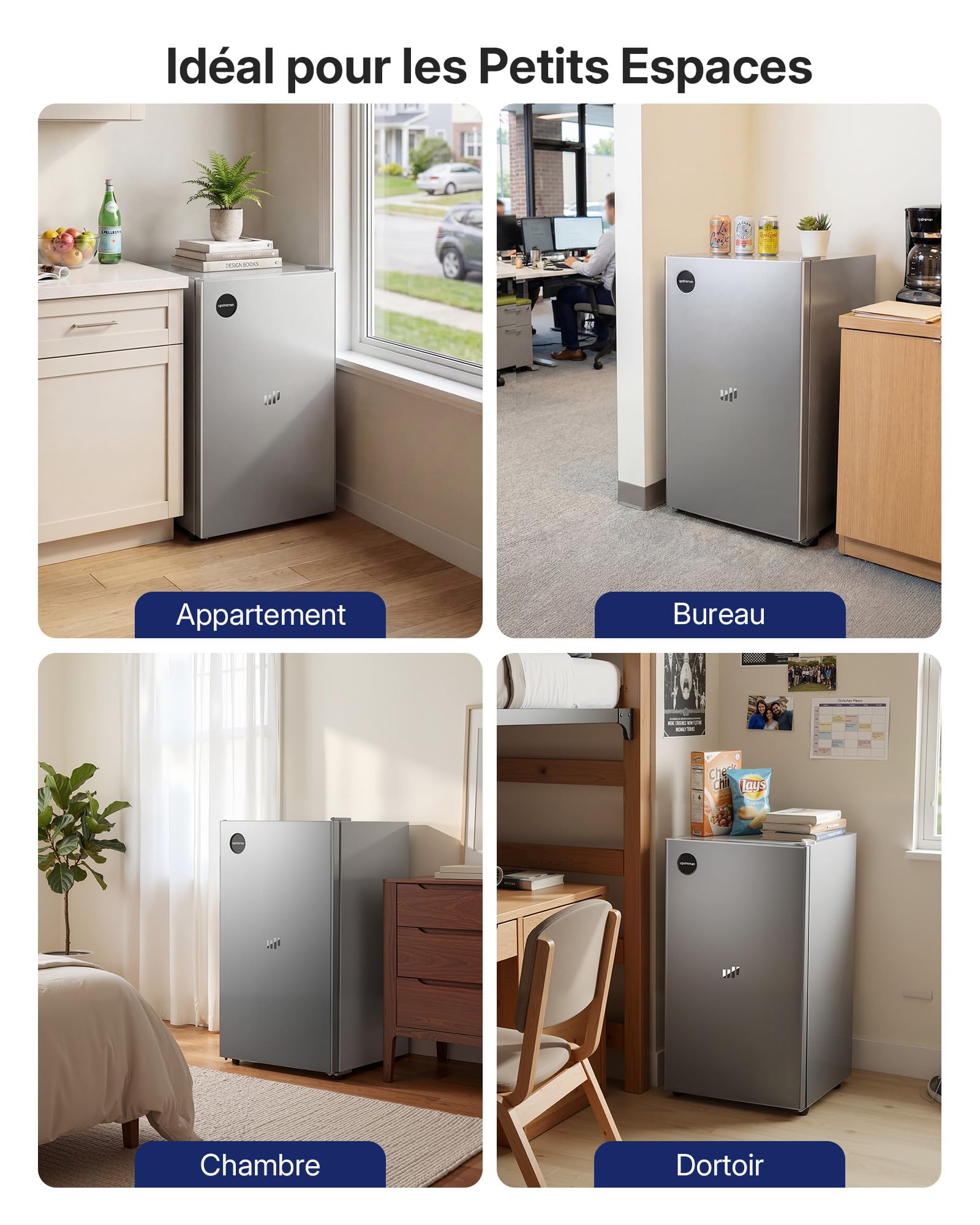Upstreman CR91 Réfrigérateur 91 Litres sans Congélateur, Silencieux 40 dB, Thermostat Réglable 1-10℃, Gris Argenté