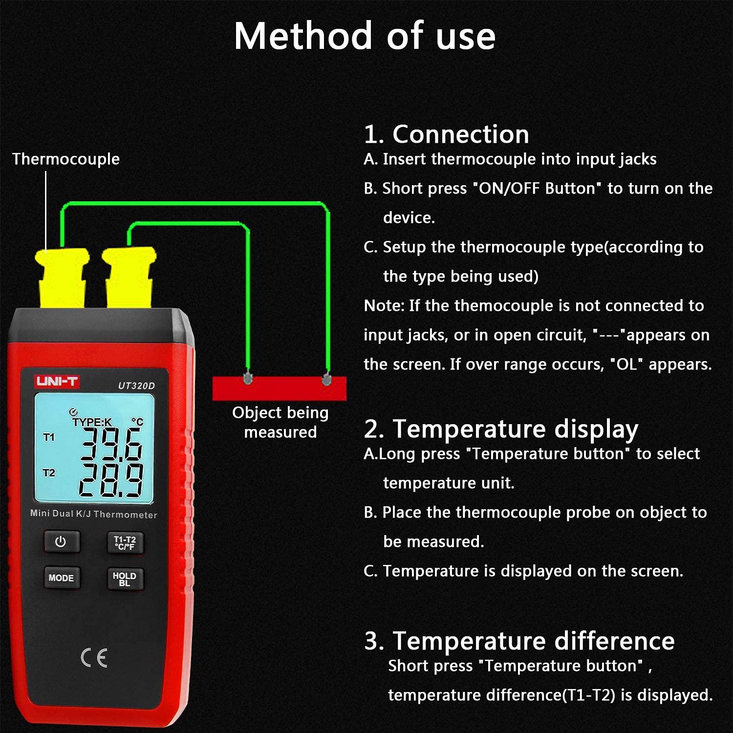 UT320D Mini Termometro Dual-channel K/J Termocoppia con retroilluminazione LCD