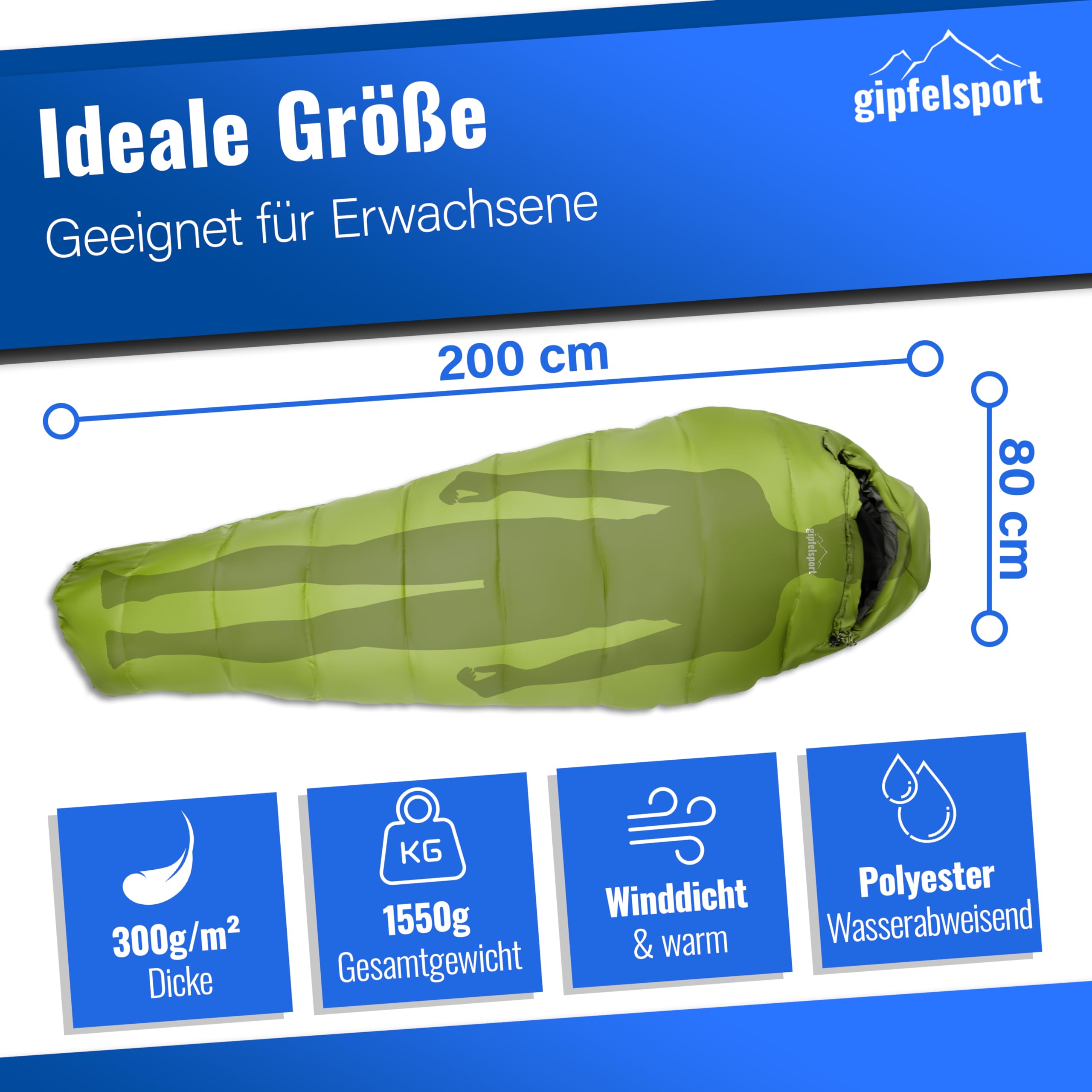 Gipfelsport Sac à Coucher Momie - Sac à Coucher Outdoor pour Adultes et Enfants | pour Hiver, Automne et Printemps