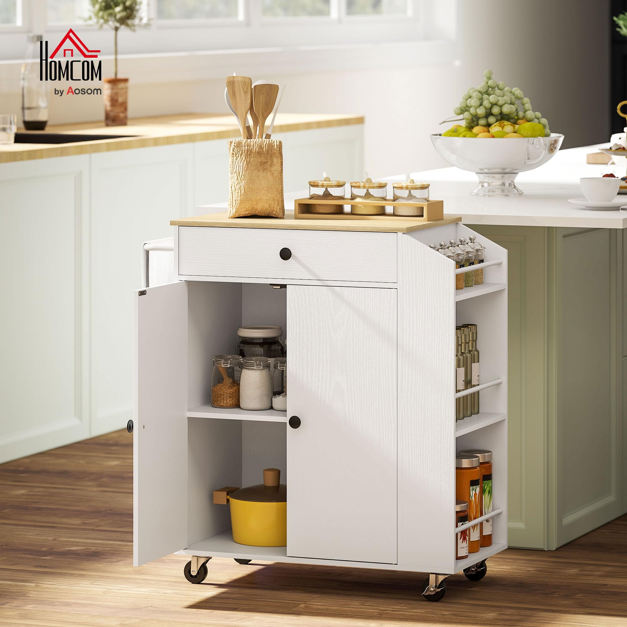 HOMCOM Îlot Central Cuisine Mobile, desserte Cuisine avec tiroir, étagère réglable, Placard à Deux Portes, Barre à Serviettes et étagères à épices pour Salle à Manger, Blanc