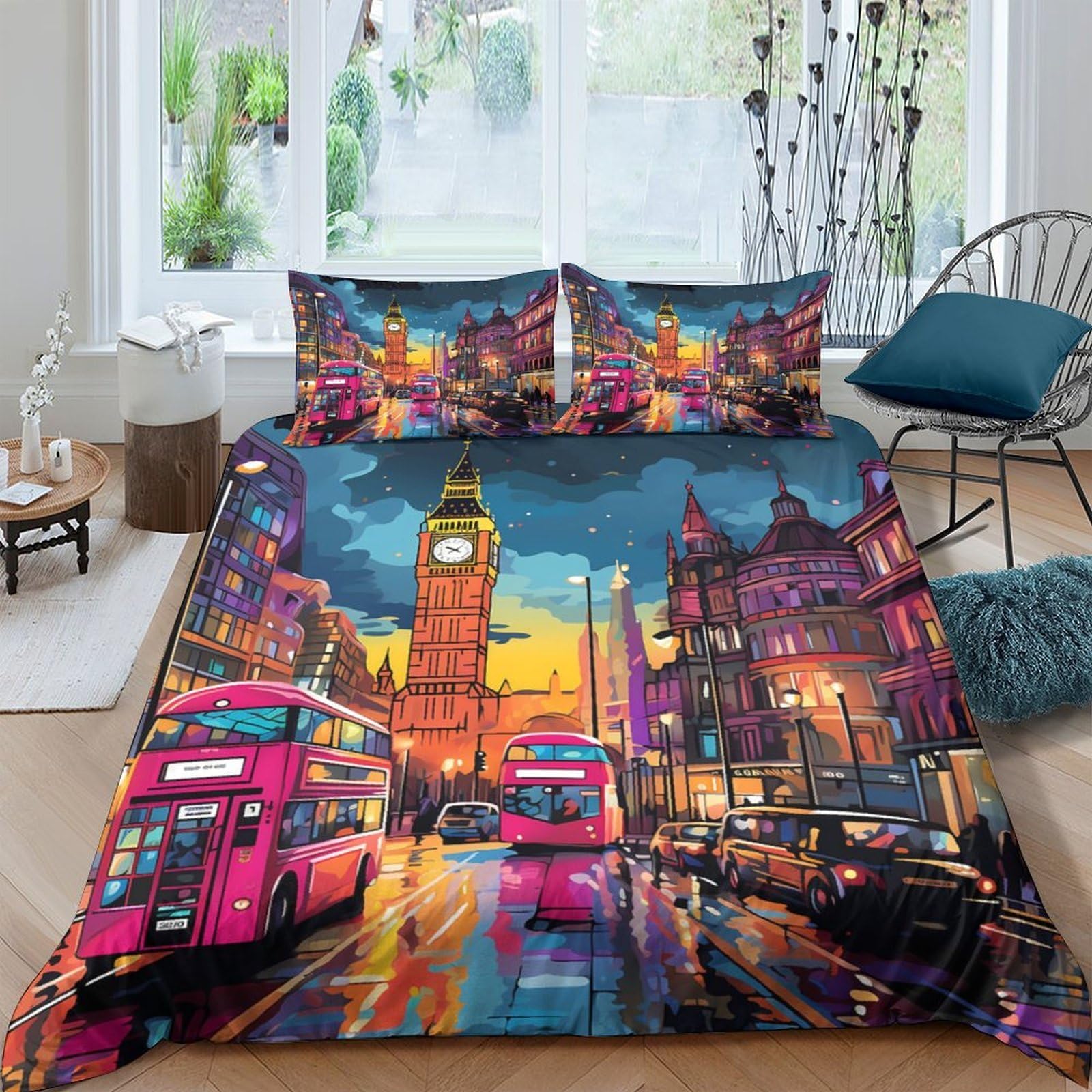 Ctjqhvkz Style-3 3D Printed London Night Cityscape Fitted Sheet Microfiber Soft Breathable Street Bus Bed Cover For Bedroom Dorm Mattress Protection Decor Single（135X200cm）