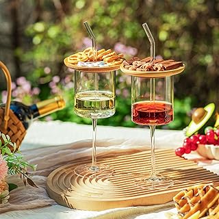 Weingläser mit Topper Holz - 2er Set 400ml Transparent Rotweingläser mit Strohhalm Weinglas Charcuterie Topper Weißweingläser für Rotwein Weißwein Eiskaffee Latte Matcha