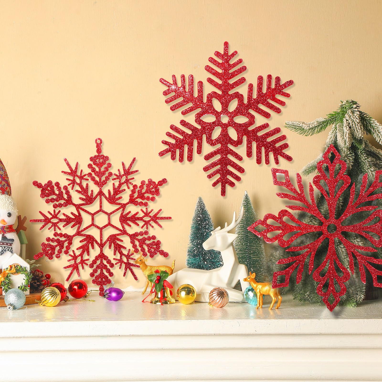 Lot de 24 flocons de neige géants à paillettes en plastique avec fil en nylon de 50 m pour décoration intérieure, extérieure et de Noël (rouge)