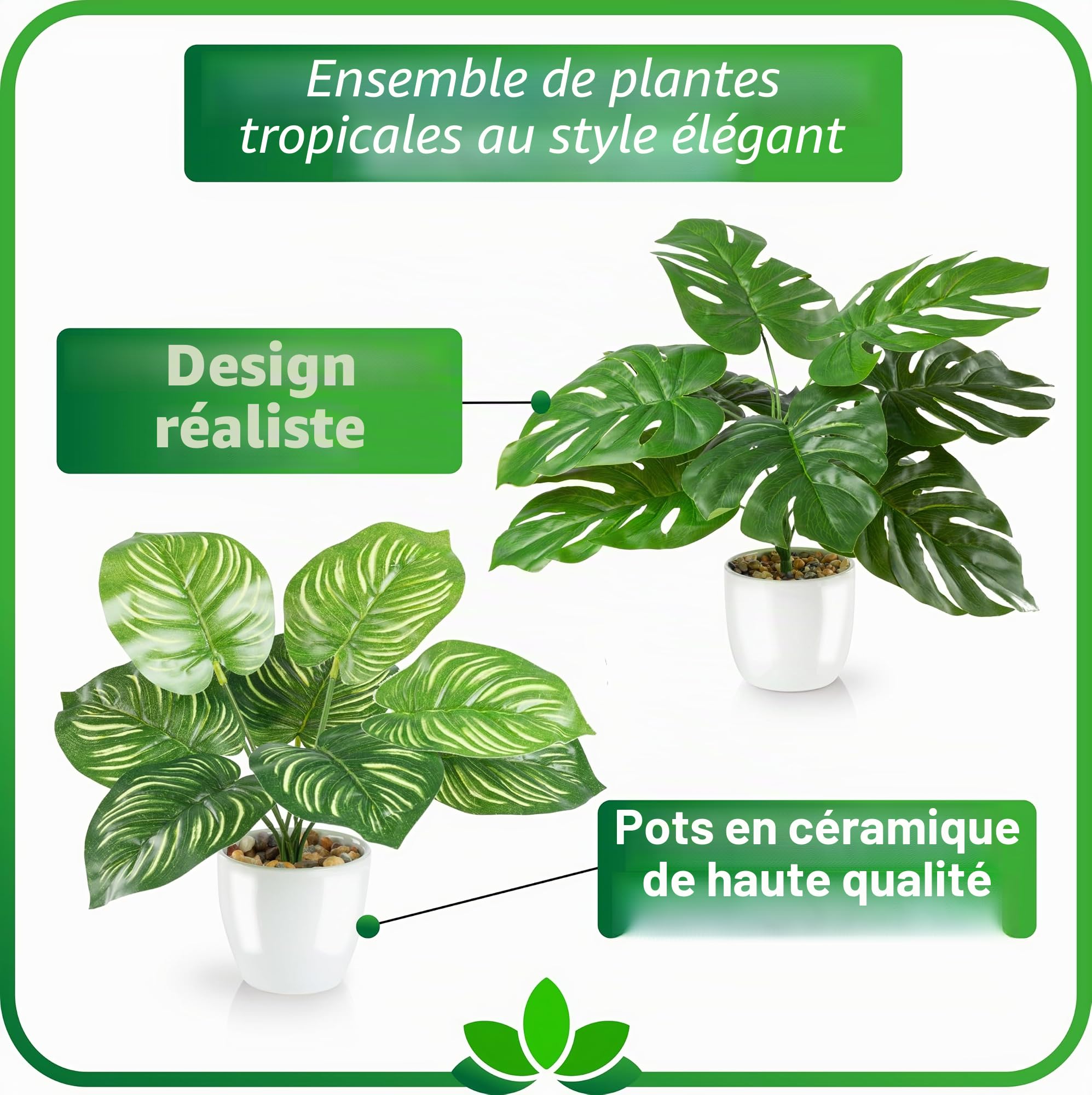 PASCH® Lot de 4 plantes tropicales artificielles comme de vraies plantes (25 cm) dans des pots en céramique blanche : entre autres Monstera artificiel & Palmier artificiel Areca | Plantes
