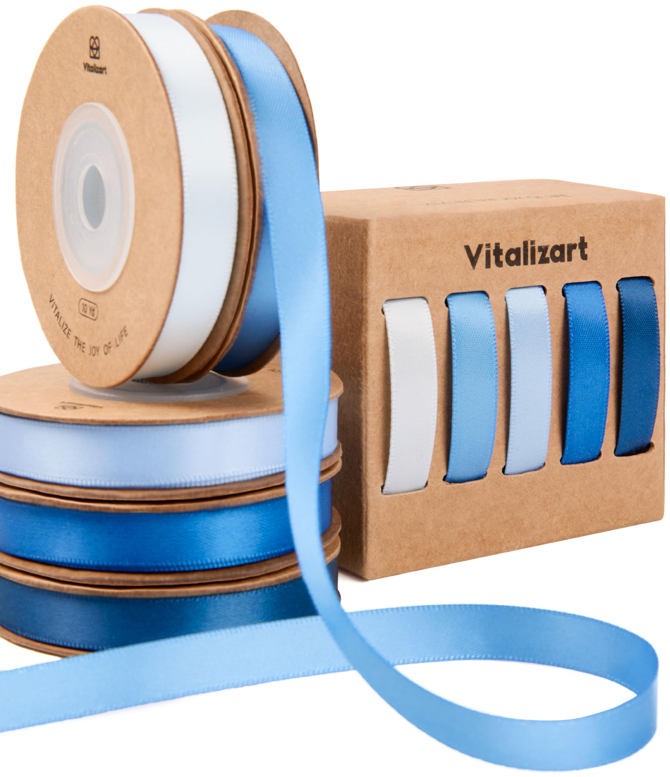 Vitalizart Blue Series Satin Ribbon for Crafts 3/8'' x 50Yd (5 Rolls x 10Yd)