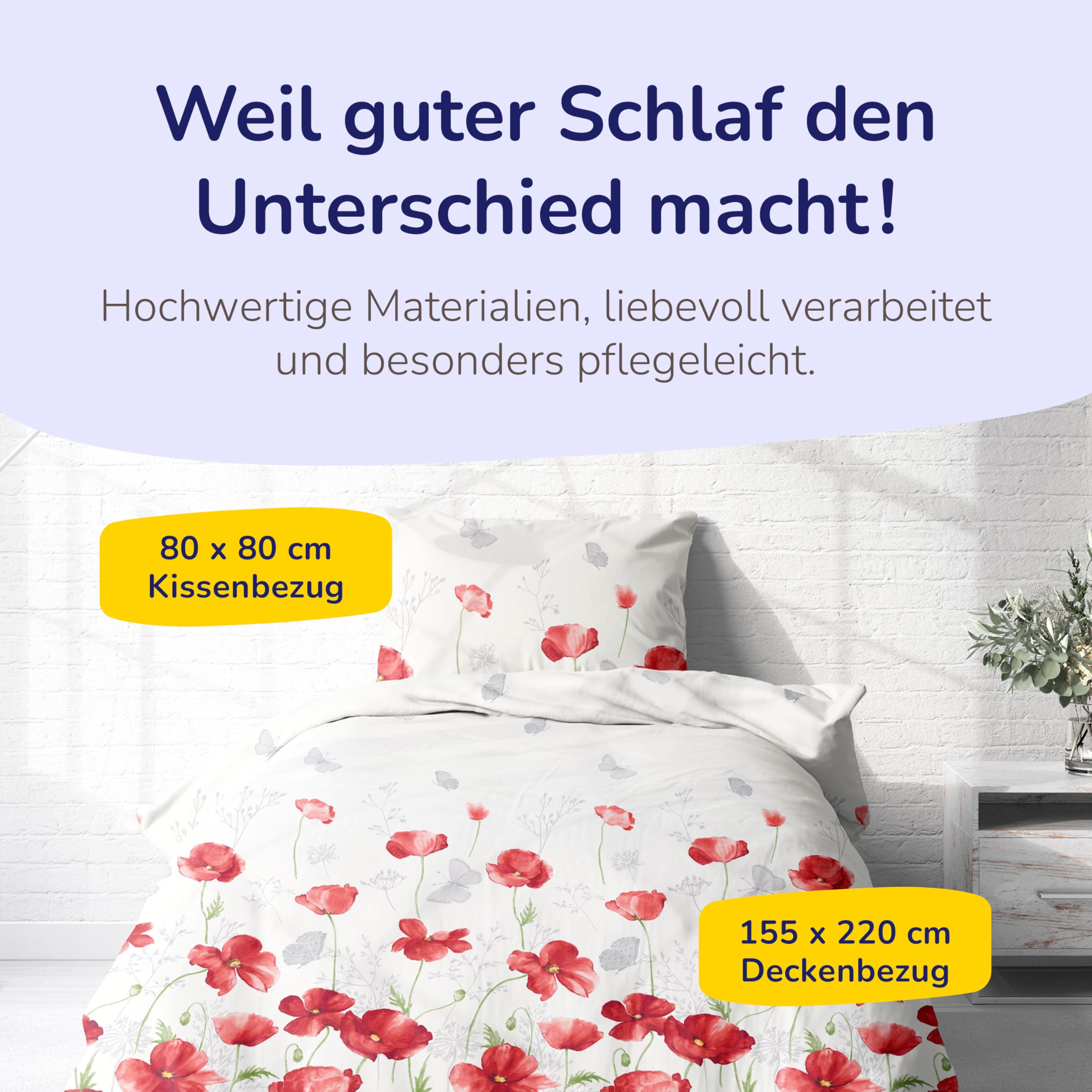 Bettwäsche aus 100% Baumwolle 2tlg. 155x220 + 80x80 cm Mohnblumen rot | Renforcé Bettwäsche mit Reißverschluss, leicht, atmungsaktiv, bügelfrei, ideal für Frühling, Sommer, Made in EU, OEKO-Tex