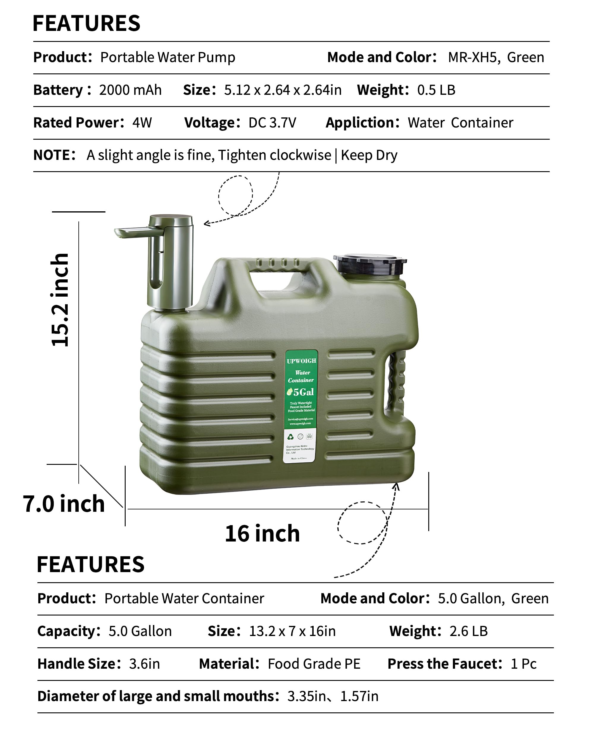 Portable 5 Gallon Water Jug with Automatic Touch Control Pump,Truly No Leakage Water Container with Spigot,Type-C Rechargeable Military Green Water Pump Gear for Outdoors Camping Hiking