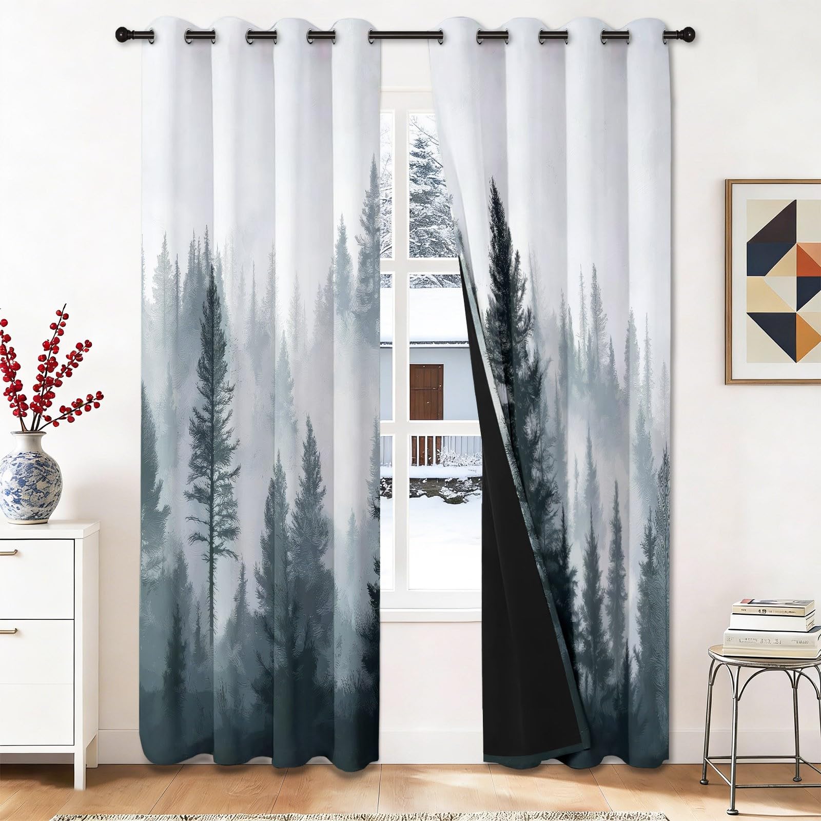 Jasnoszare i antracytowe zasłony z oczkami Skandi Wabi-Sabi, las sosnowy, wys. 140 x szer. 90 cm (zestaw 2 szt.), nieprzejrzyste zasłony termiczne do pokoju dziecięcego i gabinetu, gabinetu
