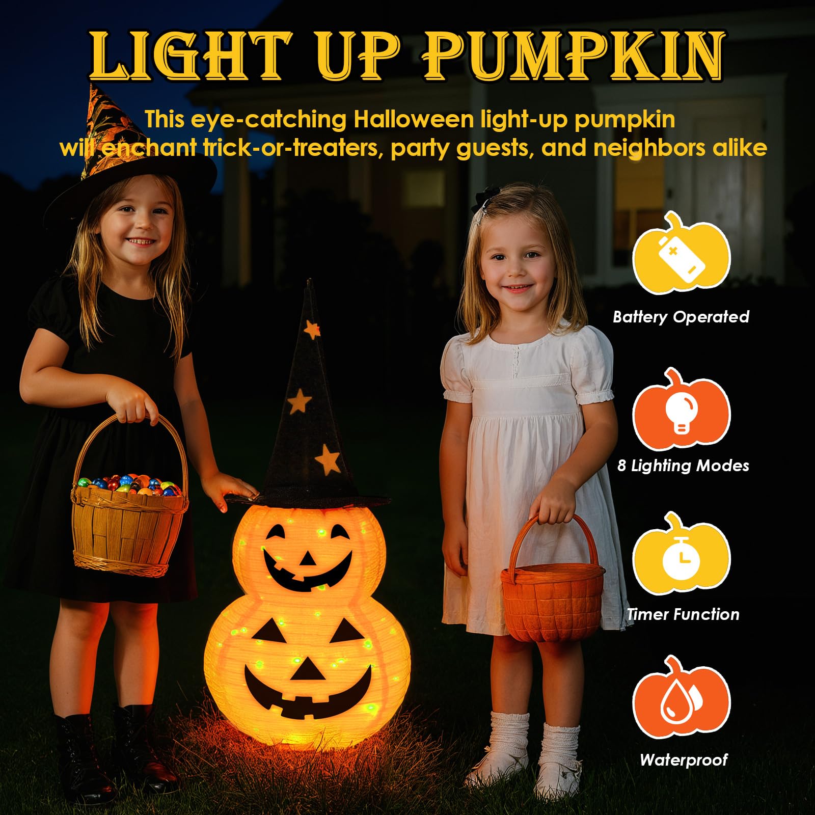 Dekoracje halloweenowe z motywem dyni, 8 trybów, na baterie, na Halloween, do domu, na imprezę, podwórko, ganek, Święto Dziękczynienia, jesienne dekoracje