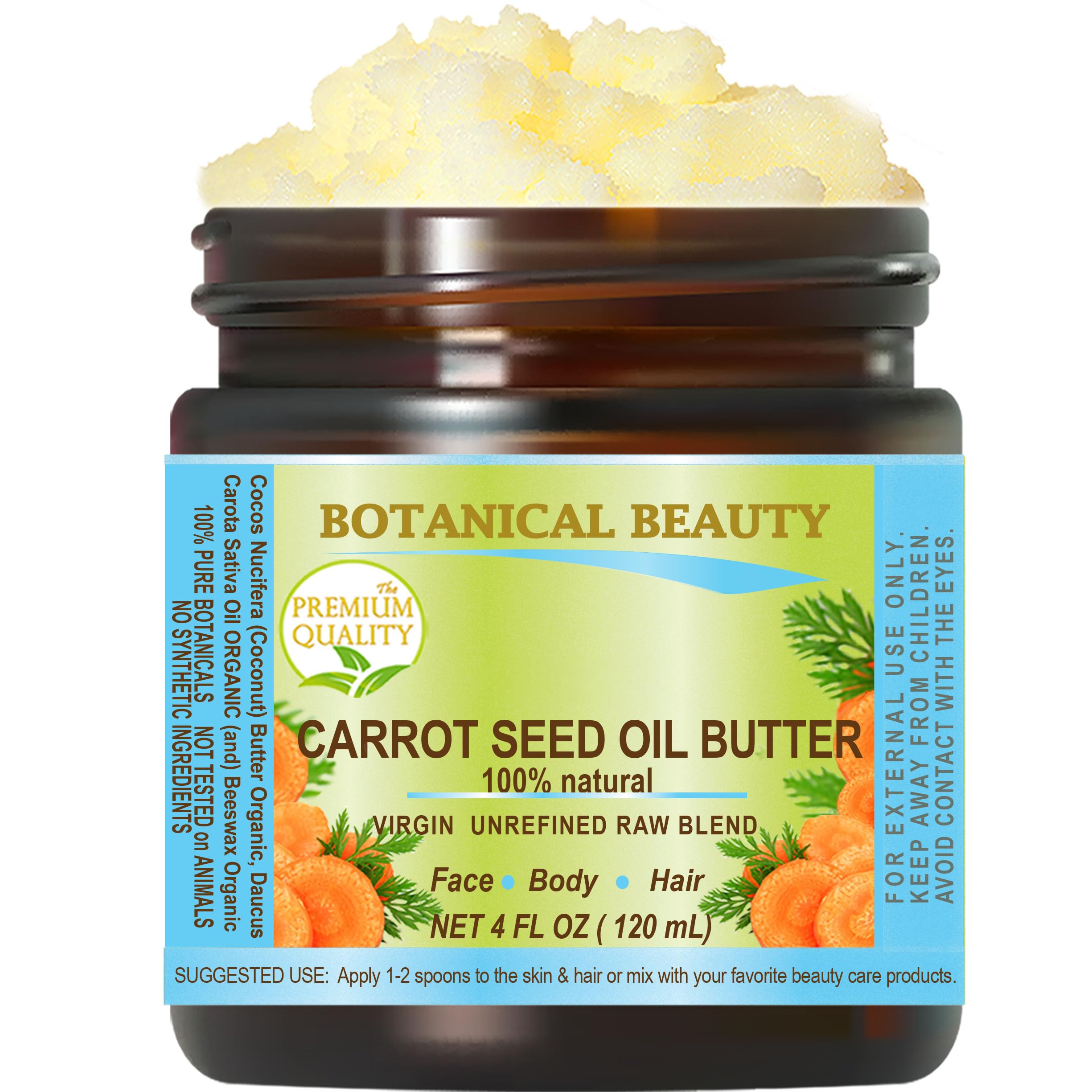 Botanical Beauty CARROT SEED OIL BUTTER Pure Natural Virgin Unrefined RAW 4 Fl. Oz.- 120 ml for FACE, SKIN, BODY, DAMAGED HAIR, NAILS. Rich in Beta Carotene, Vitamin E