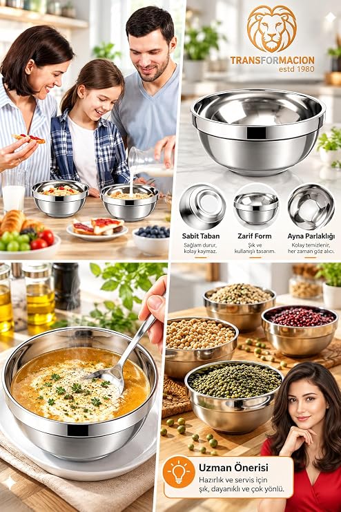 Transformacion 4 lü Çift Duvarlı Yalıtımlı Salata Dondurma Erişte Sos Atıştırmalık 11,5 cm Servis Kasesi 18/10 304 Çelik 723767