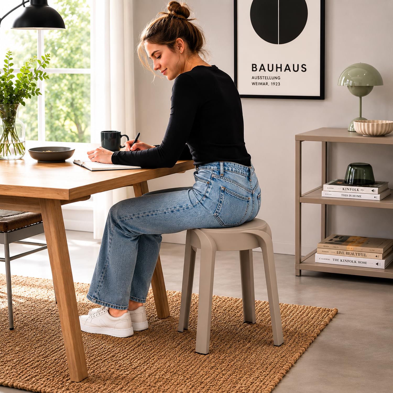 Mojawo Stapelbarer Kunststoff-Hocker Taupe 34 x 34 x 45 cm - Leichter Sitzhocker 1,5 kg - Robuster Gartenhocker für Innen- & Außenbereich - Hygienisch, Langlebig & Platzsparend