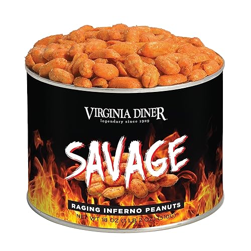 Virginia Diner Savage Flaming Hot Spicy Natural Virginia Cacahuetes Blister Tostado Gourmet Snack Lata de 18 onzas (paquete de 1)