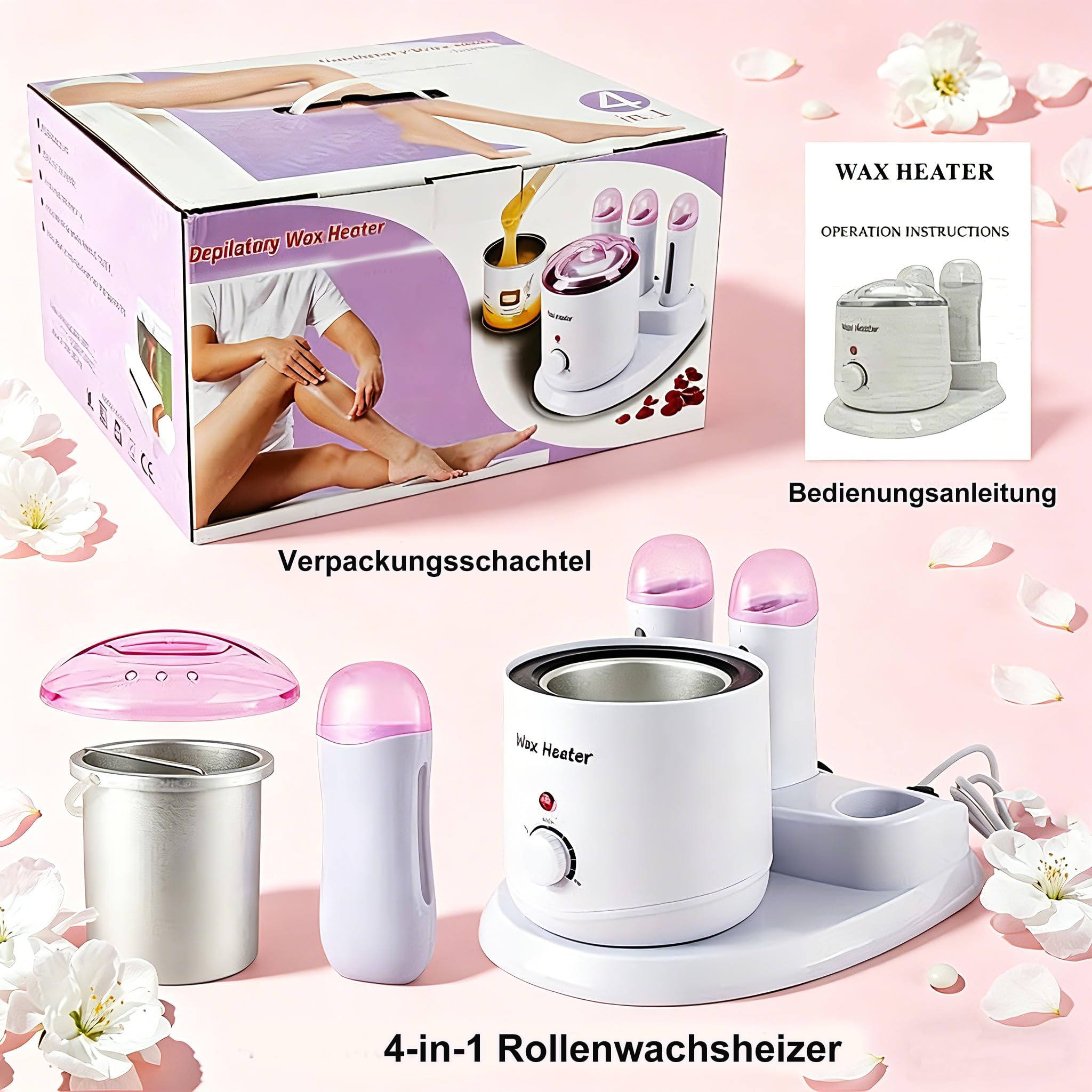 4 in1 Professioneller Wachswärmer, 800ml Wax Maschine + 3×100g Roll on Heißwachsgerät mit separaten Schaltern, Wachsgerät zur haarentfernung, Waxing Set für Ganzkörper-Haarentfernung
