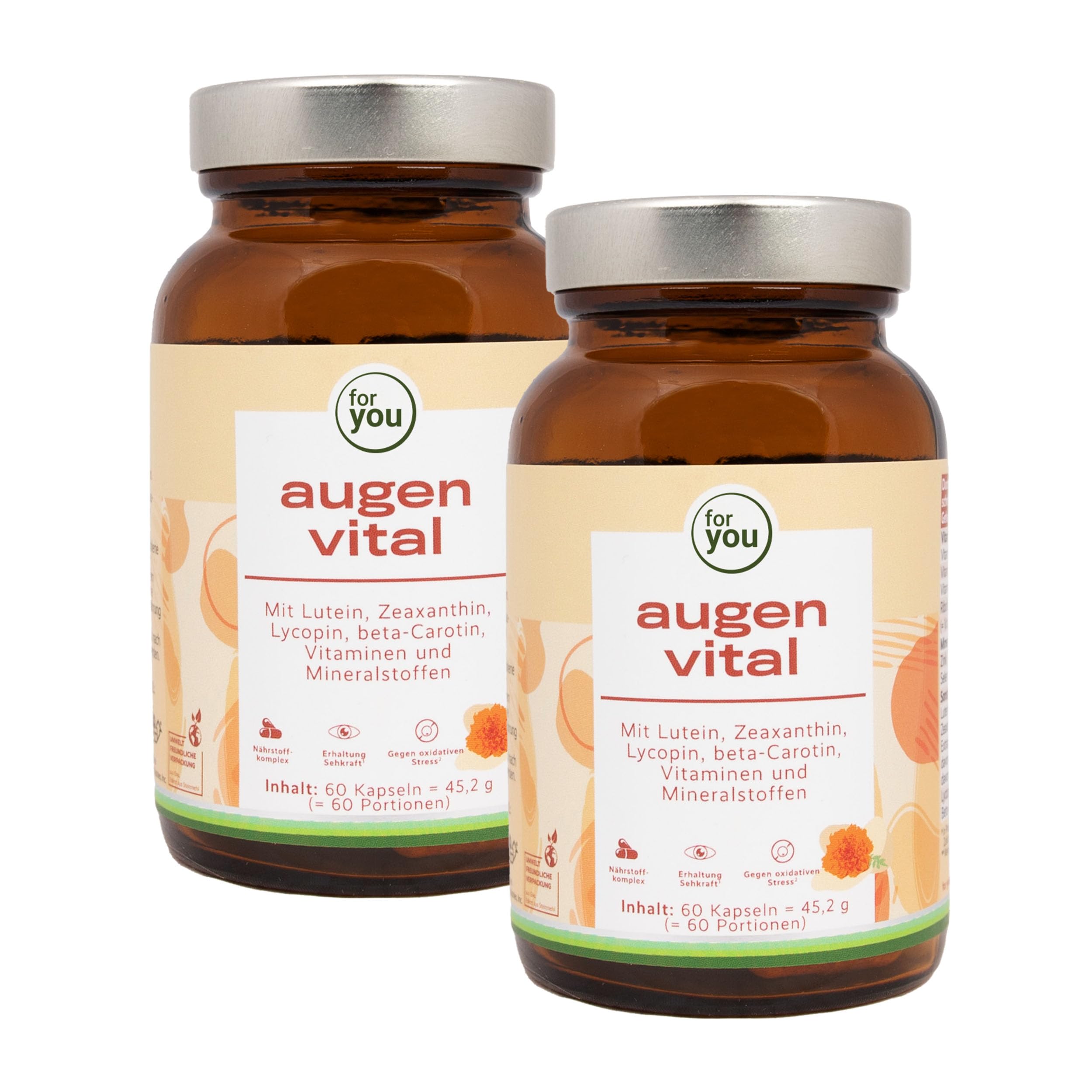 for you augen vital Doppelpack - abgestimmter Augengesundheit-Komplex mit natürlichem Lutein & Zeaxanthin von FloraGLO® - anerkannter Markenrohstoff + Lycopin, beta-Carotin, Vitamine & Mineralstoffe