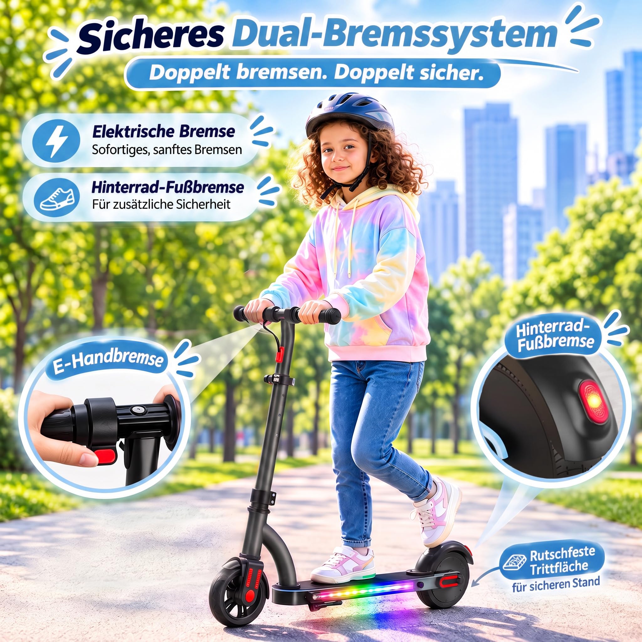 Caroma Trottinette électrique pour Enfants, 150 W, réglable en Hauteur et Pliable, écran LED et lumières colorées, Trottinette électrique pour Enfants de 6 à 12 Ans