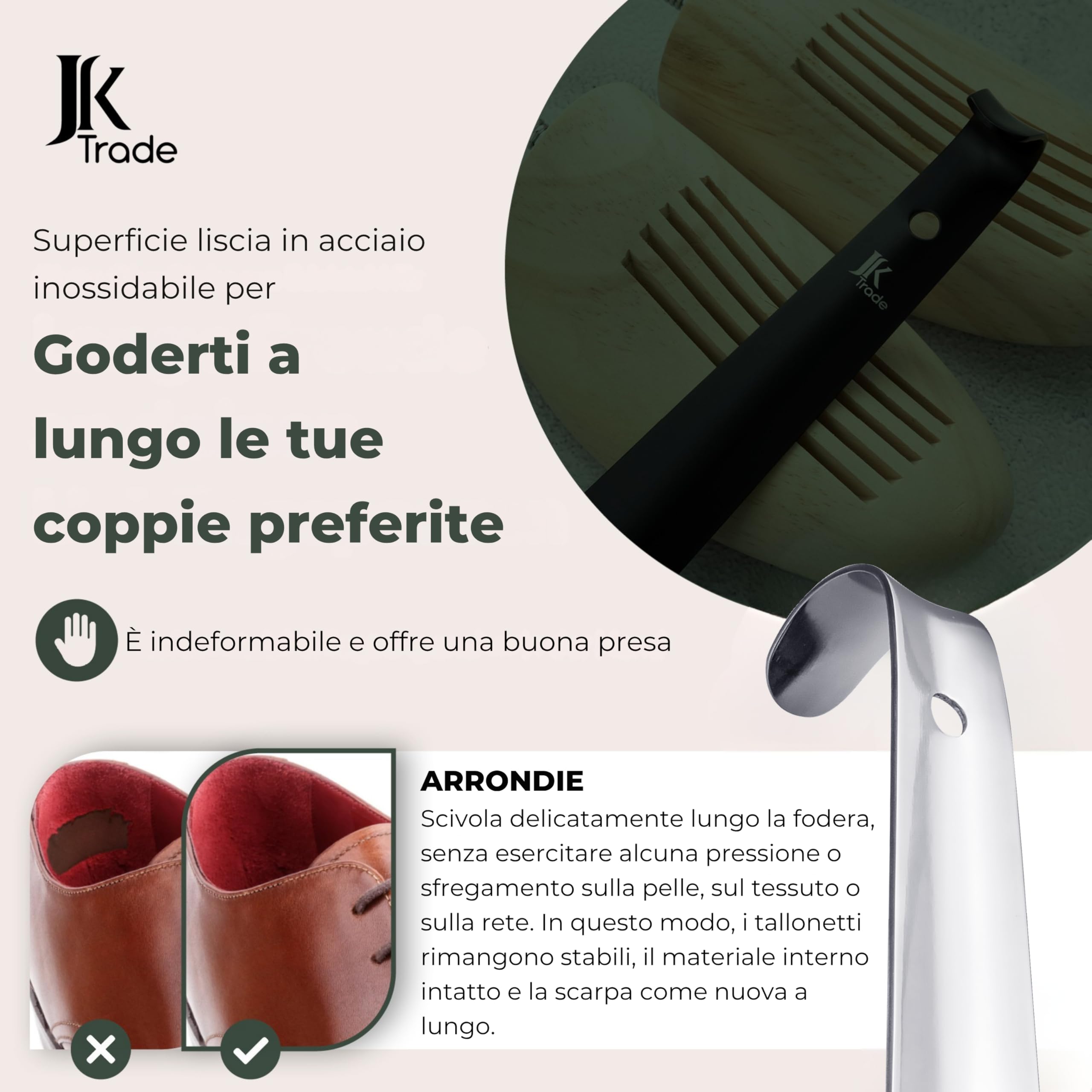 JK Trade® L'originale | 52 cm stabile in acciaio inox | Calzascarpe lungo in acciaio inox | rapido e delicato sulla schiena | lunghezza e larghezza ideali | Shoe Horn | Business Silver