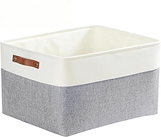 Mangata Fabric Storage Basket, Storage Box, Large Cabinet, Basket Storage Fabric with Leather Carry Handle for Toys, Wardrobe, Shelves, Clothes (L, Grey White)