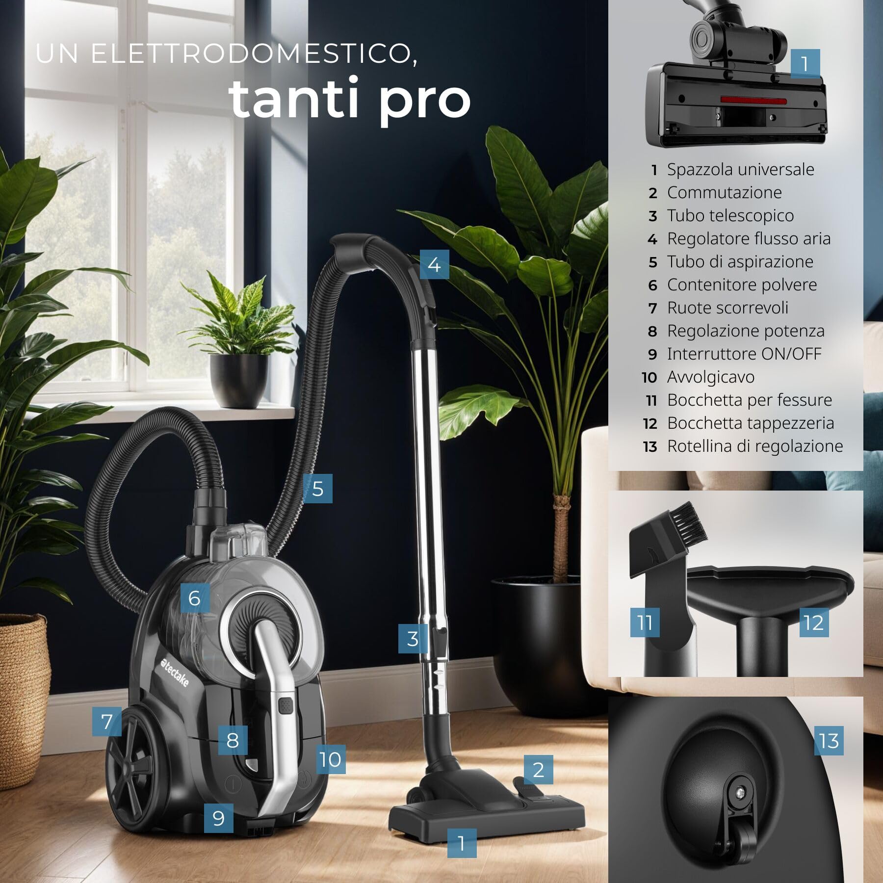 tectake® Aspirapolvere Senza Sacco 900 W, Capacità 3L, 79 dB, Aspiratore con Filtro HEPA XXL, Ideale per Pavimenti e Tappeti, Contenitore Grande per Polvere, Asta Telescopica, Accessori Inclusi