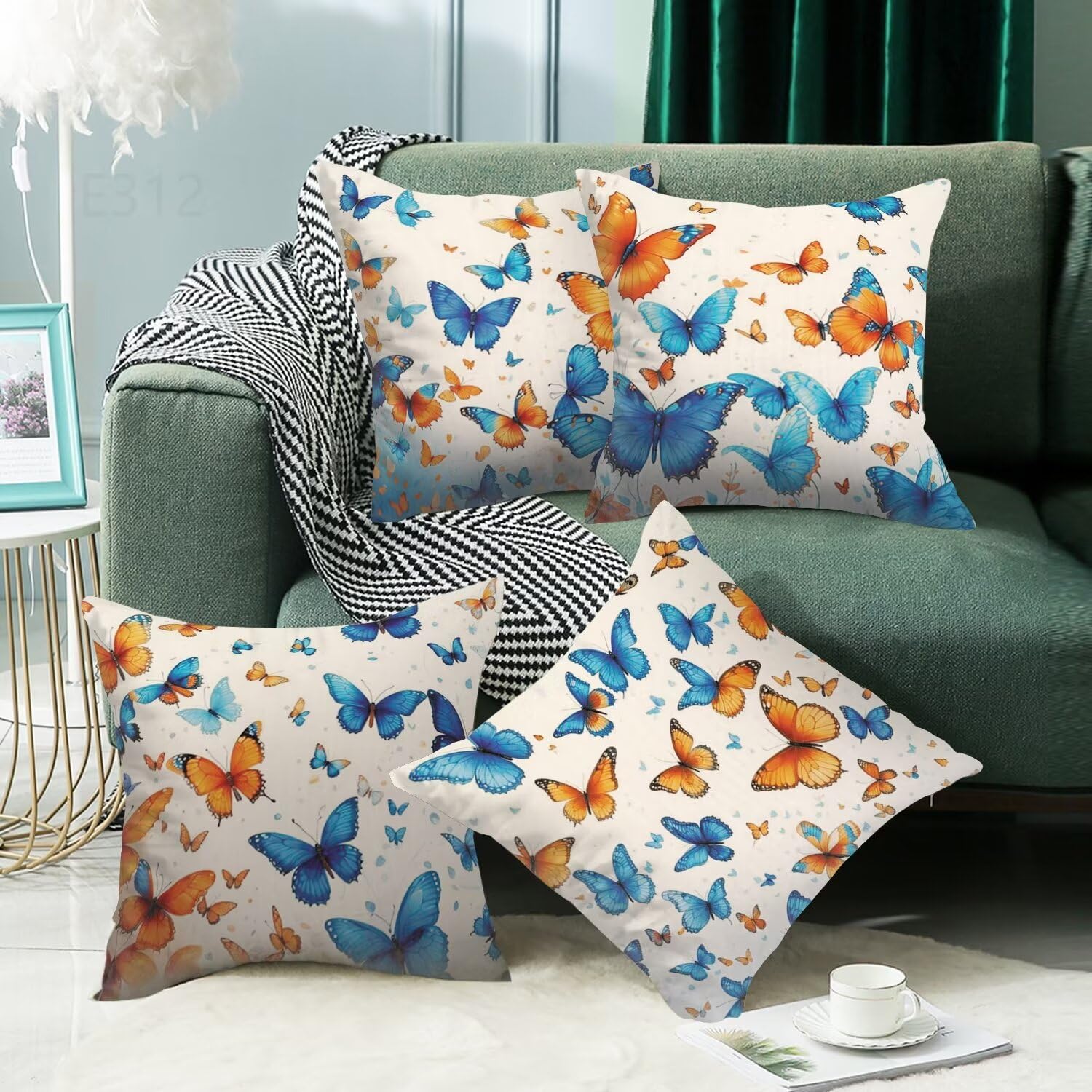 Farfalla Federe Cuscini Divano 60x60cm,4 Pack Blu Estate Esterno Cuscini per Divano,Doppio Lato Quadrato Morbido Cuscini Divano,per Divano Soggiorno Sedia Autunno Dekoration Cuscino,Regali LY-312