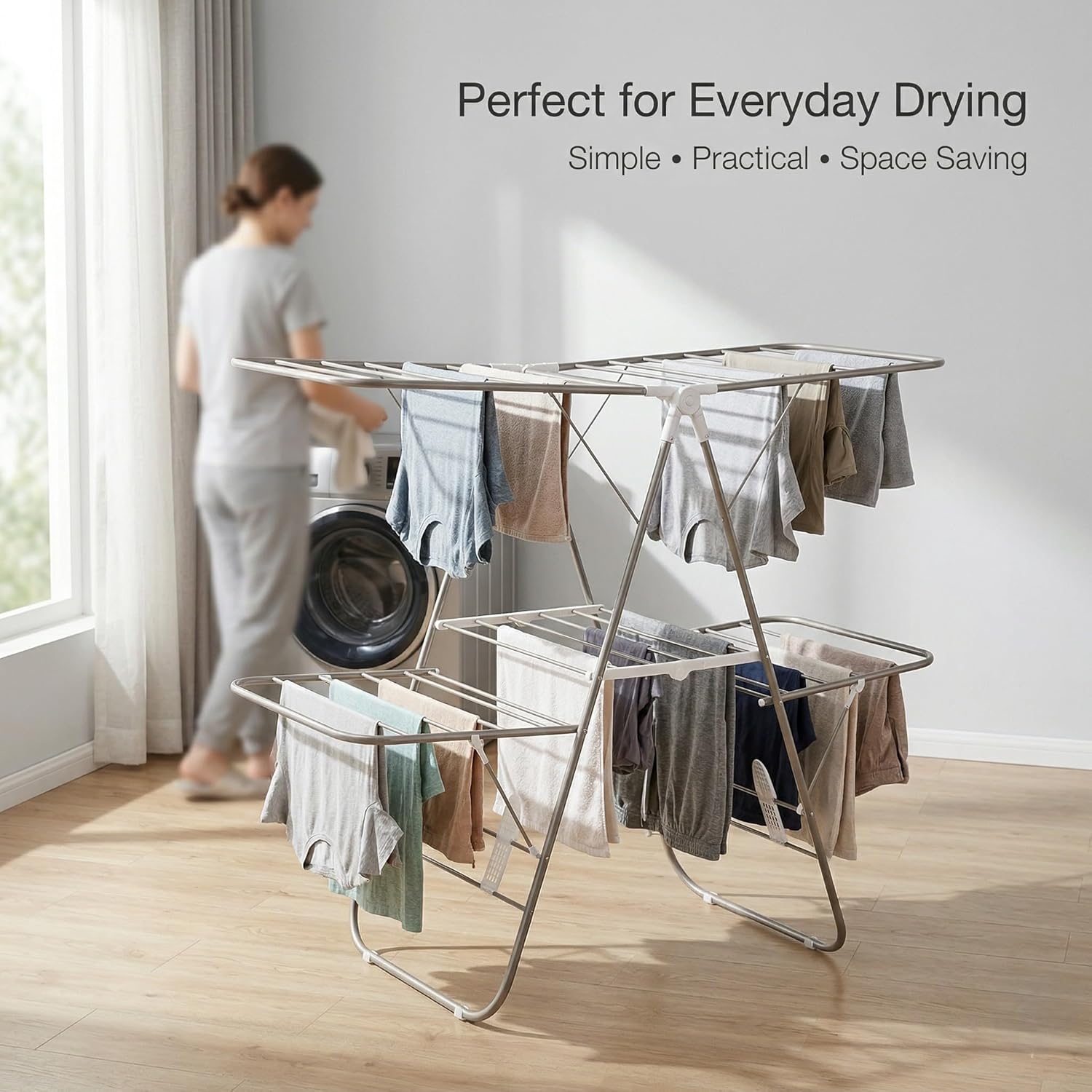 EZHOME Large Foldaway Laundry Rack, Heavy Duty, Collapsible, Space-Saving Storage, Stainless Steel, Indoor/Outdoor YLT-0501 (YTL-0501D-01B)