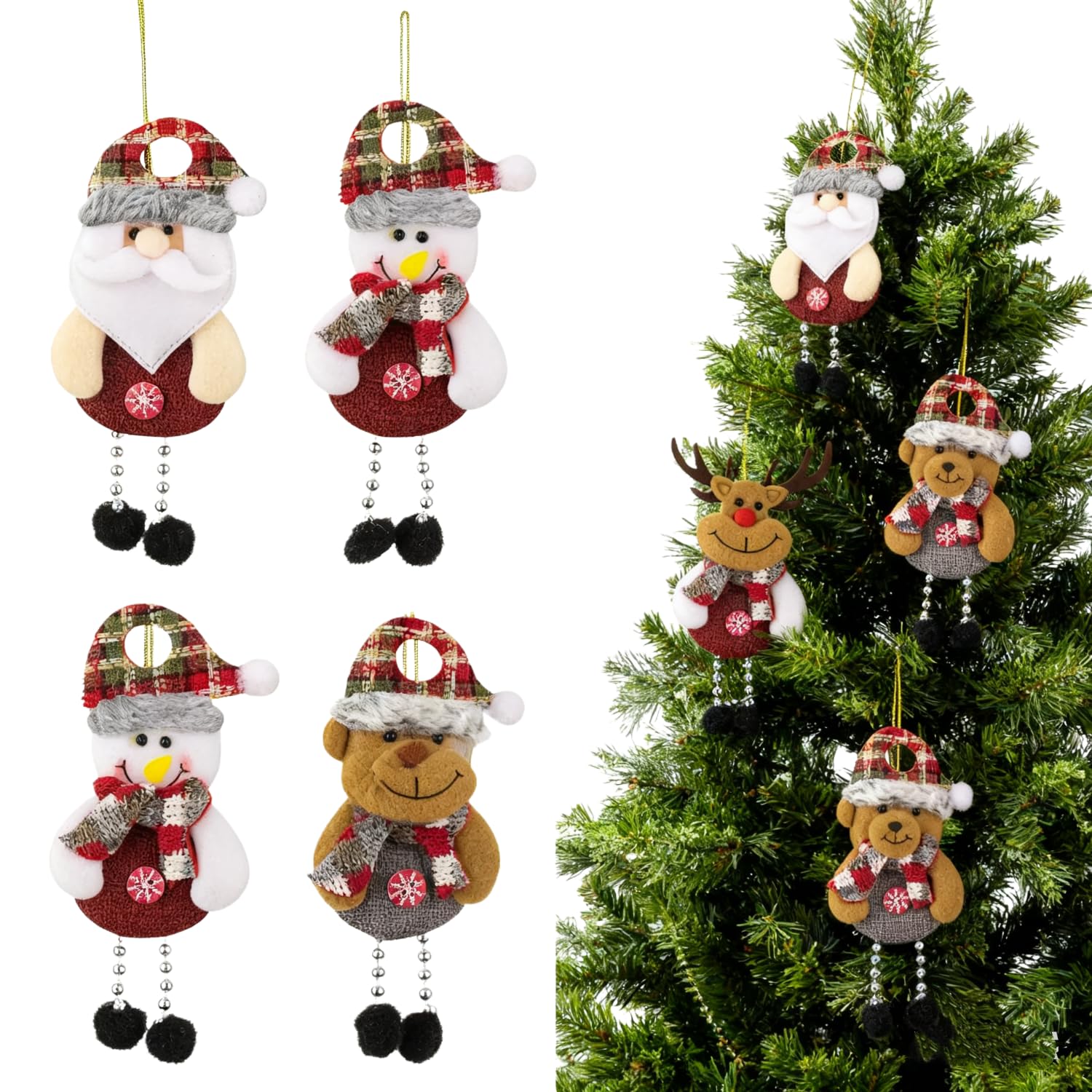 4PCS Christmas Ornaments Handmade Tiny the Santa Claus Tree Decorations Set with String Small Hanging Ornament for Tree Decorations
