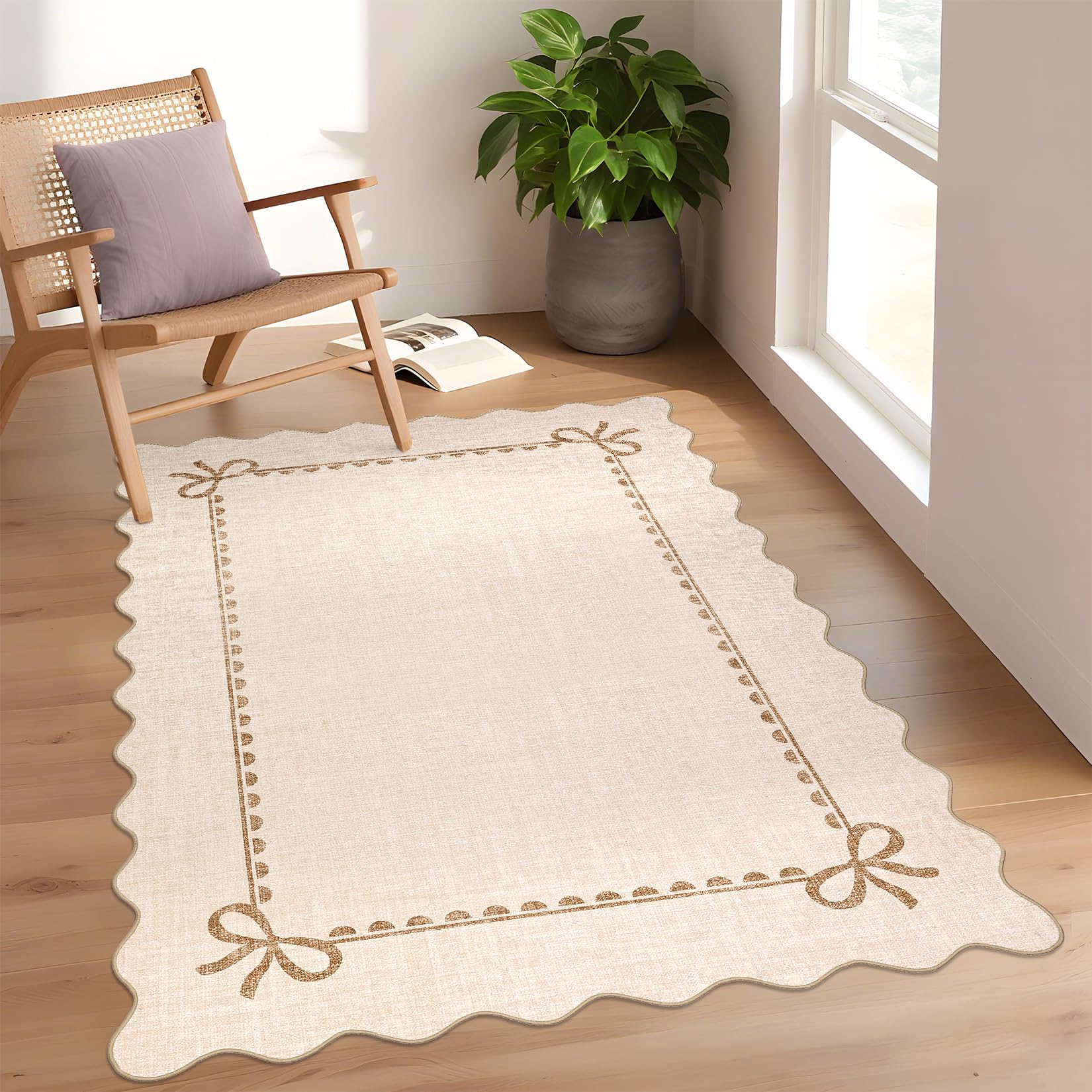 GarveeHome Scalloped Bow Rug for Living Room, Solid Beige Rug for Dorm, Washable Rugs 4x6 Soft Low Pile Non Slip Scalloped Rugs for Nursery Bedroom