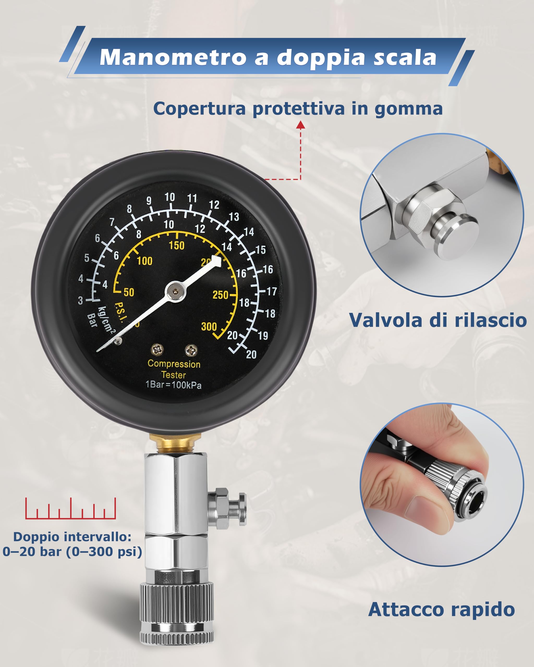 DAYUAN Set di 9 tester di compressione, tester di compressione, per controllare la compressione del motore, misurare, per auto, M10, M12, M14, M18, 0-20 bar e 0-300 psi