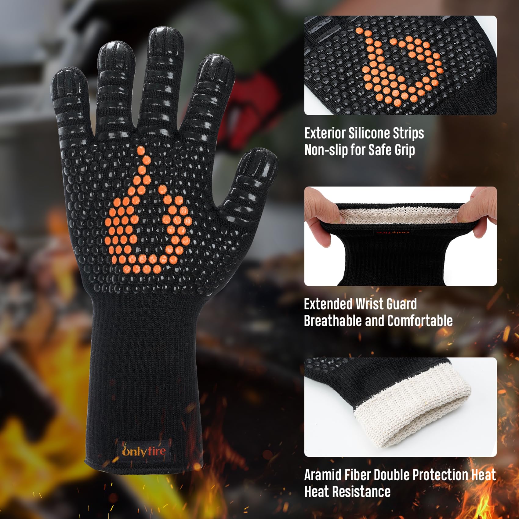 onlyfire 4 Pcs Kit Tablier de Barbecue, Comprenant 1 Tablier de Cuisine Homme Femme, 1 Paire de Gants Barbecue et 1 Chiffon de Nettoyage, Cadeau pour Amateurs de BBQ, Pères ou Amis