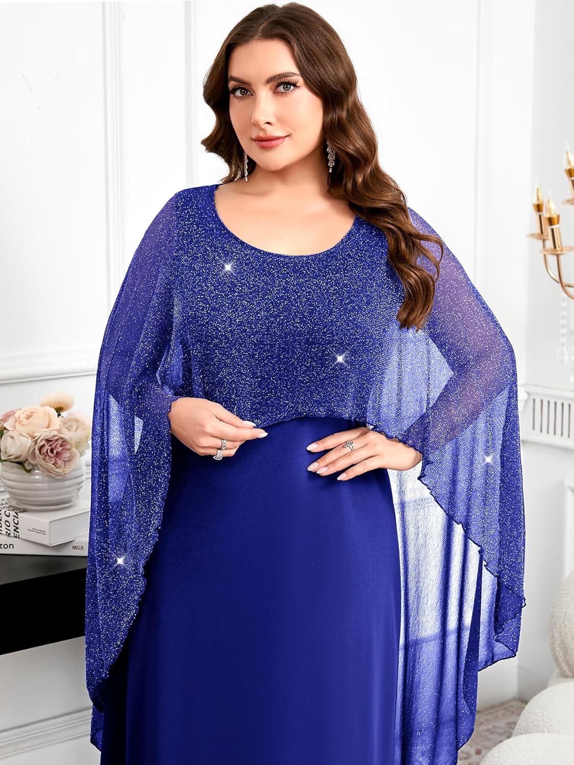 CYCLAMEN Plus Size Evening Gown with Sparkly Cape Overlay Elegant A Line Mother of The Bride Dress for Wedding Guest - Image 2